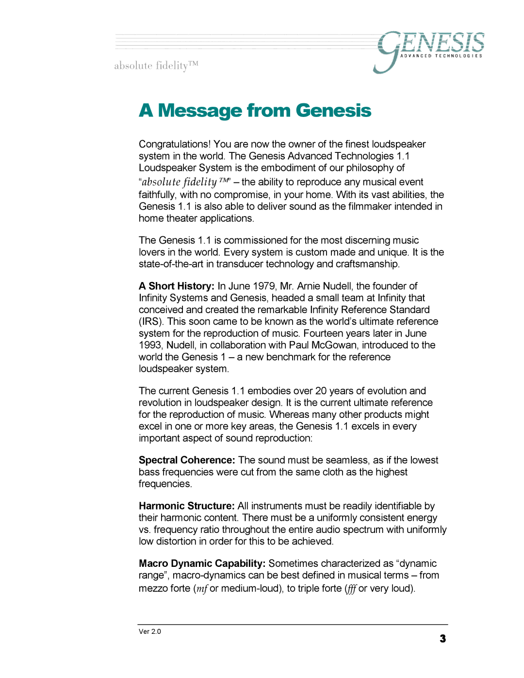 Genesis Advanced Technologies 1.1 owner manual Message from Genesis 