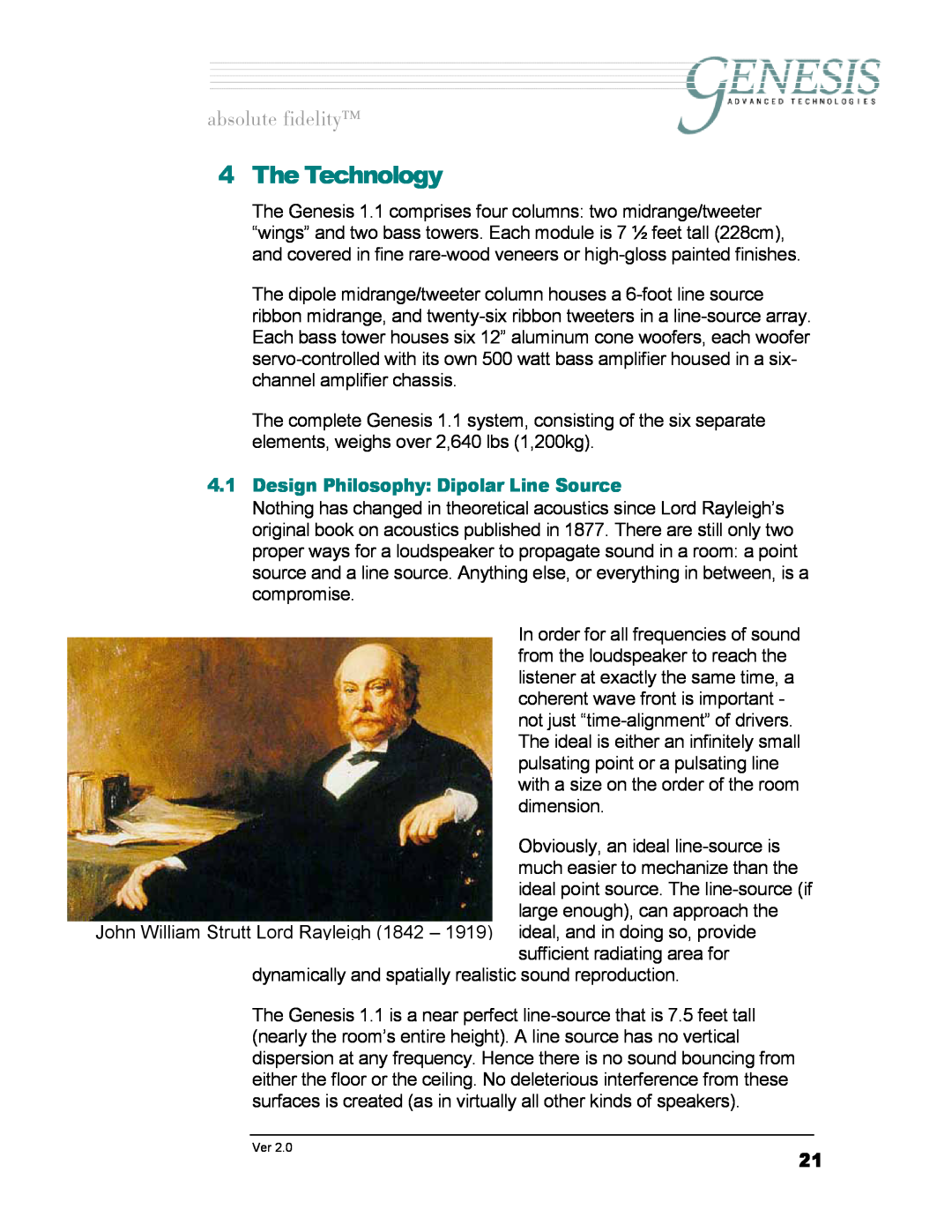 Genesis Advanced Technologies 1.1 owner manual The Technology, 4.1Design Philosophy Dipolar Line Source, ~ÄëçäìíÉ=ÑáÇÉäáíó 