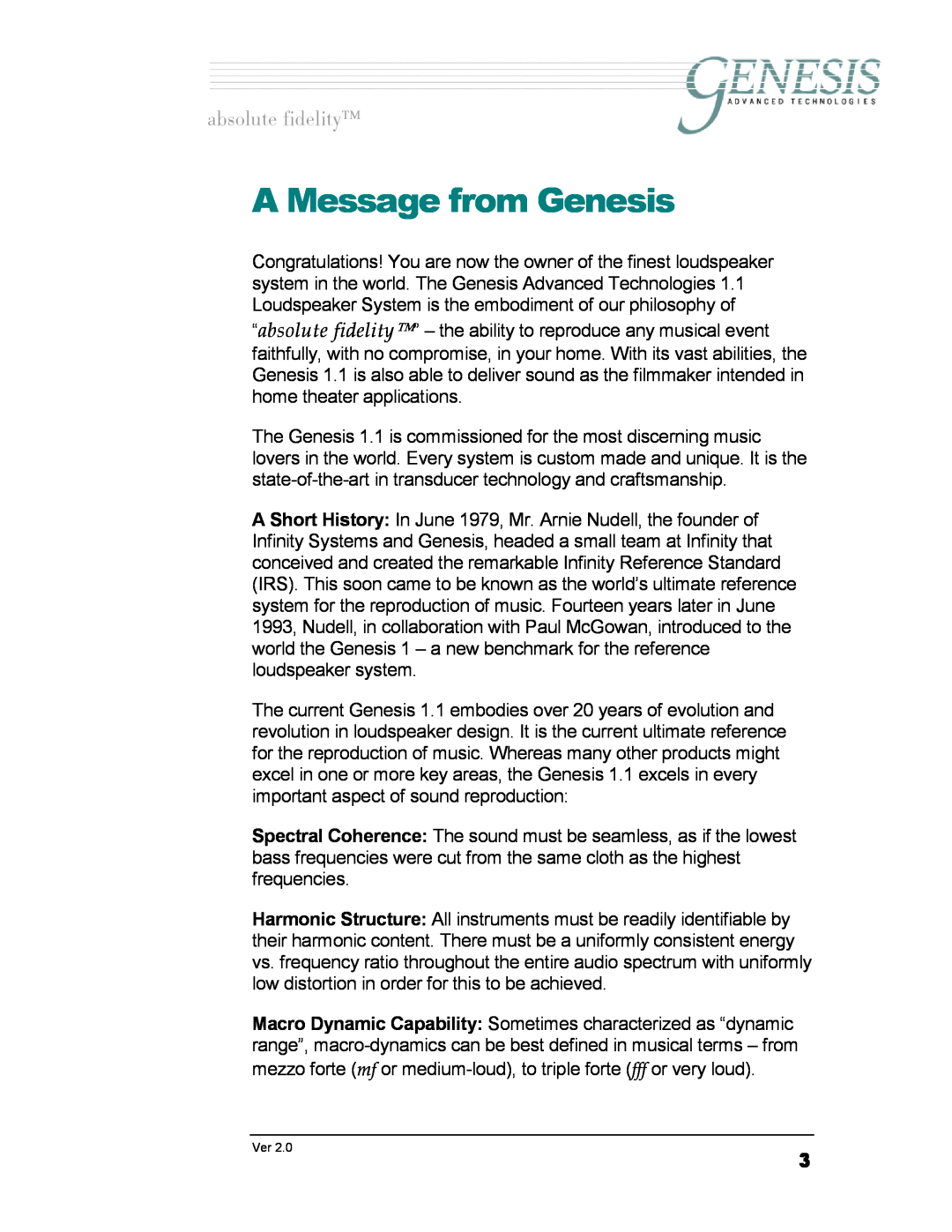 Genesis Advanced Technologies 1.1 owner manual A Message from Genesis, ~ÄëçäìíÉ=ÑáÇÉäáíó 
