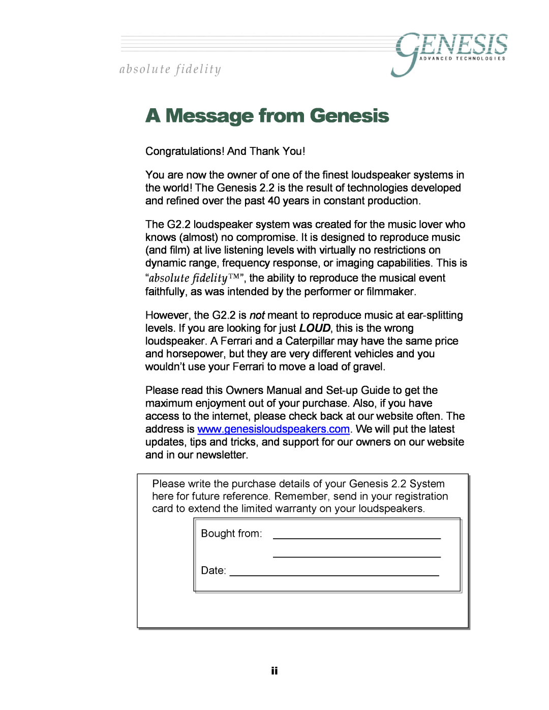 Genesis Advanced Technologies 2.2 manual A Message from Genesis, absolute fidelity 