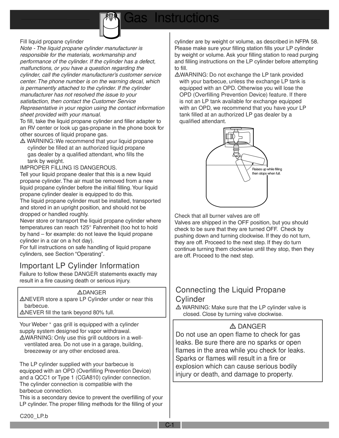 Genesis Advanced Technologies 55274 Gas Instructions, Important LP Cylinder Information, Connecting the Liquid Propane 