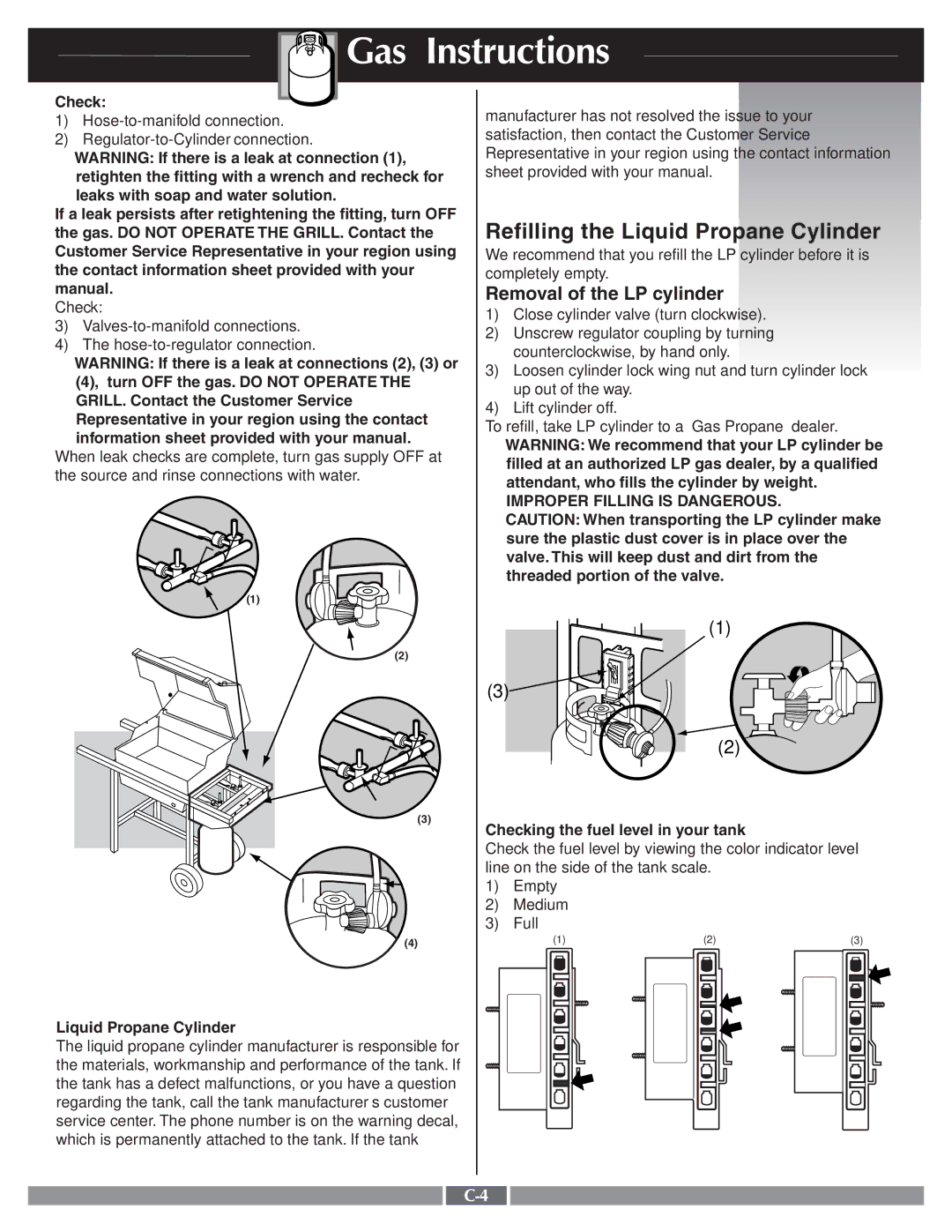 Genesis Advanced Technologies 55274 manual Refilling the Liquid Propane Cylinder 