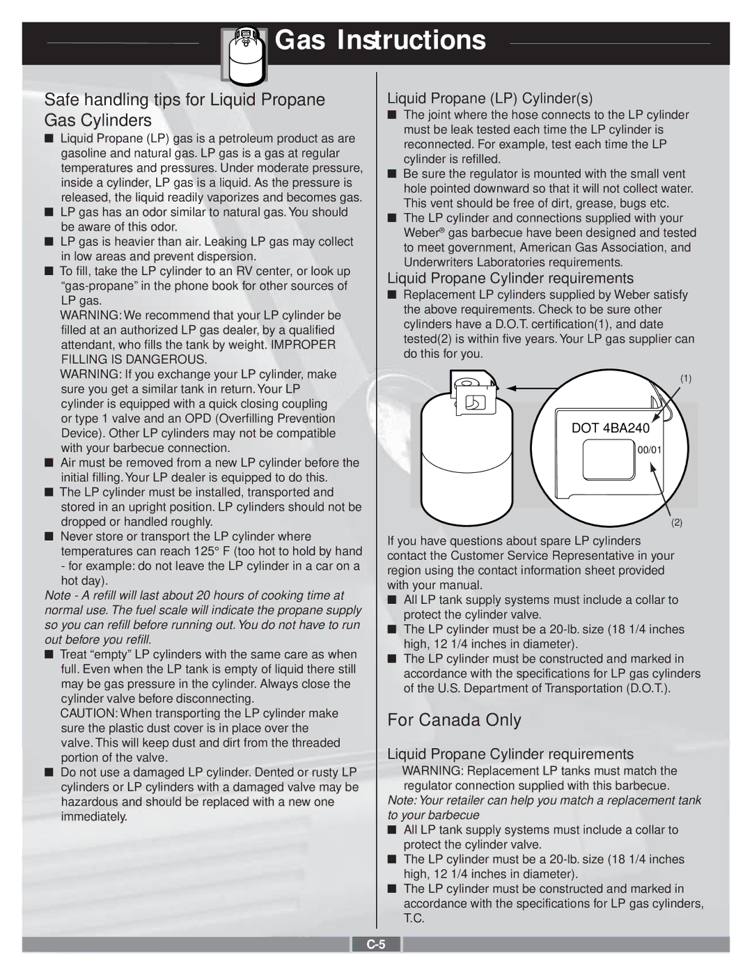 Genesis Advanced Technologies 55274 manual Safe handling tips for Liquid Propane, Gas Cylinders, For Canada Only 