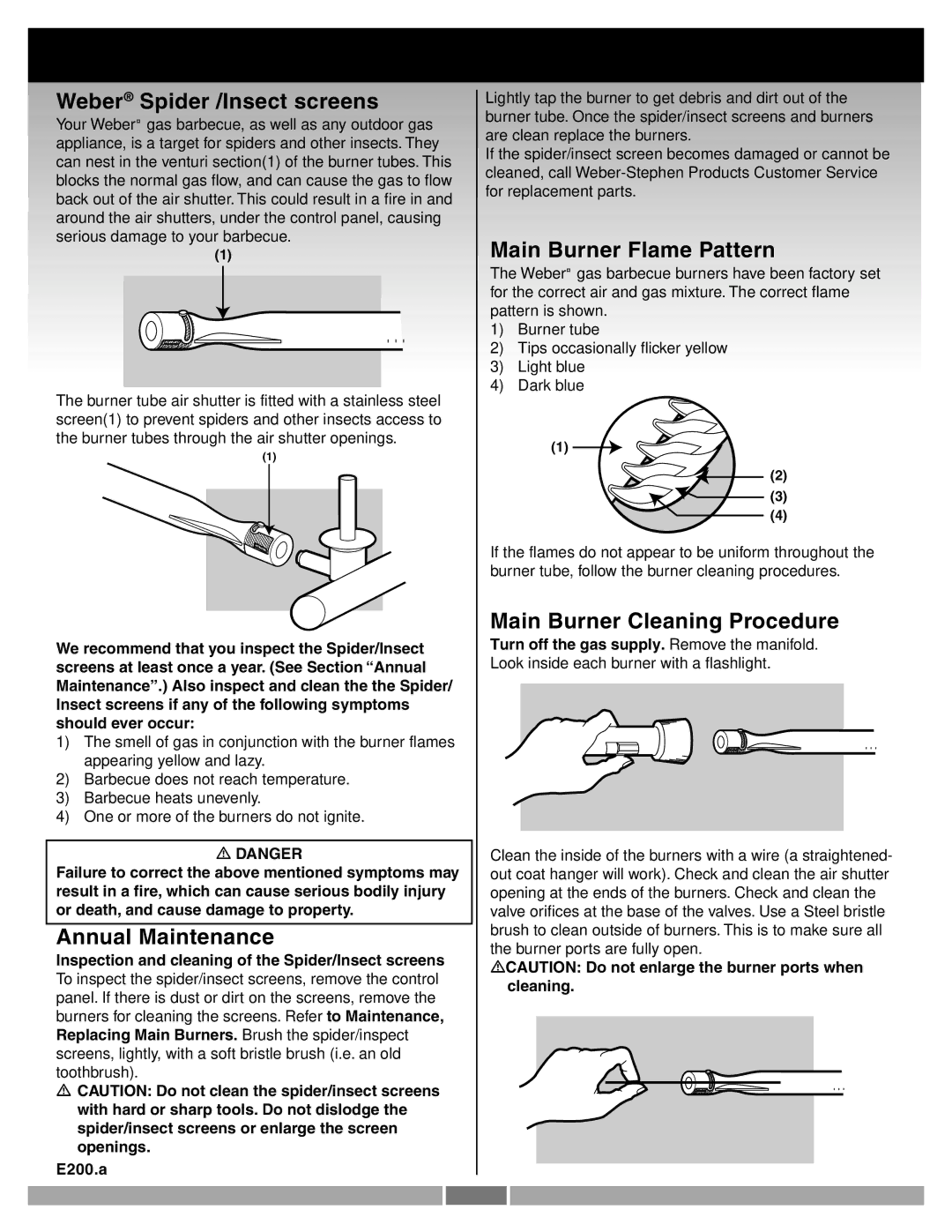 Genesis Advanced Technologies 55274 manual Weber Spider /Insect screens, Annual Maintenance, Main Burner Flame Pattern 