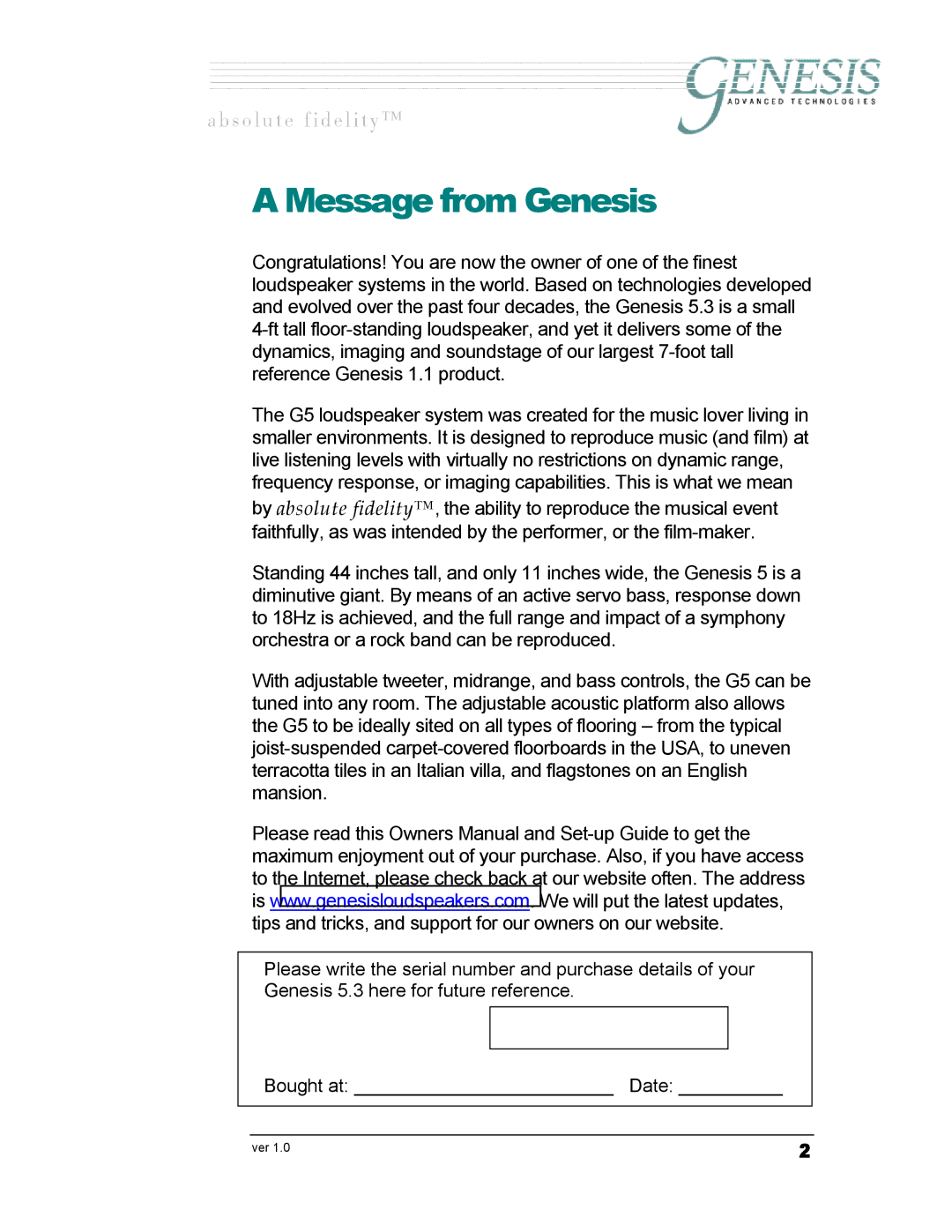 Genesis Advanced Technologies G5.3 owner manual Message from Genesis 