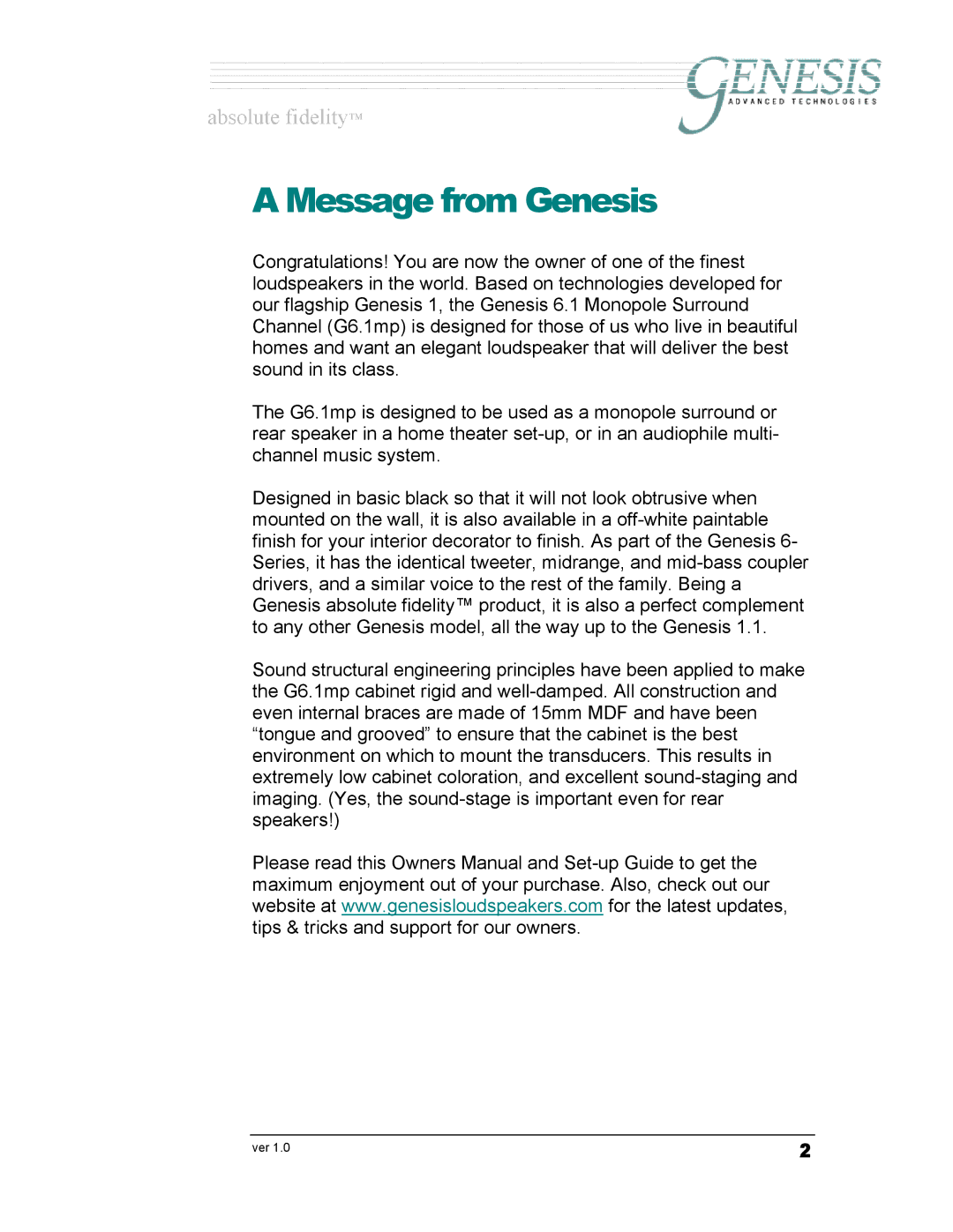 Genesis Advanced Technologies G6.1 owner manual Message from Genesis 