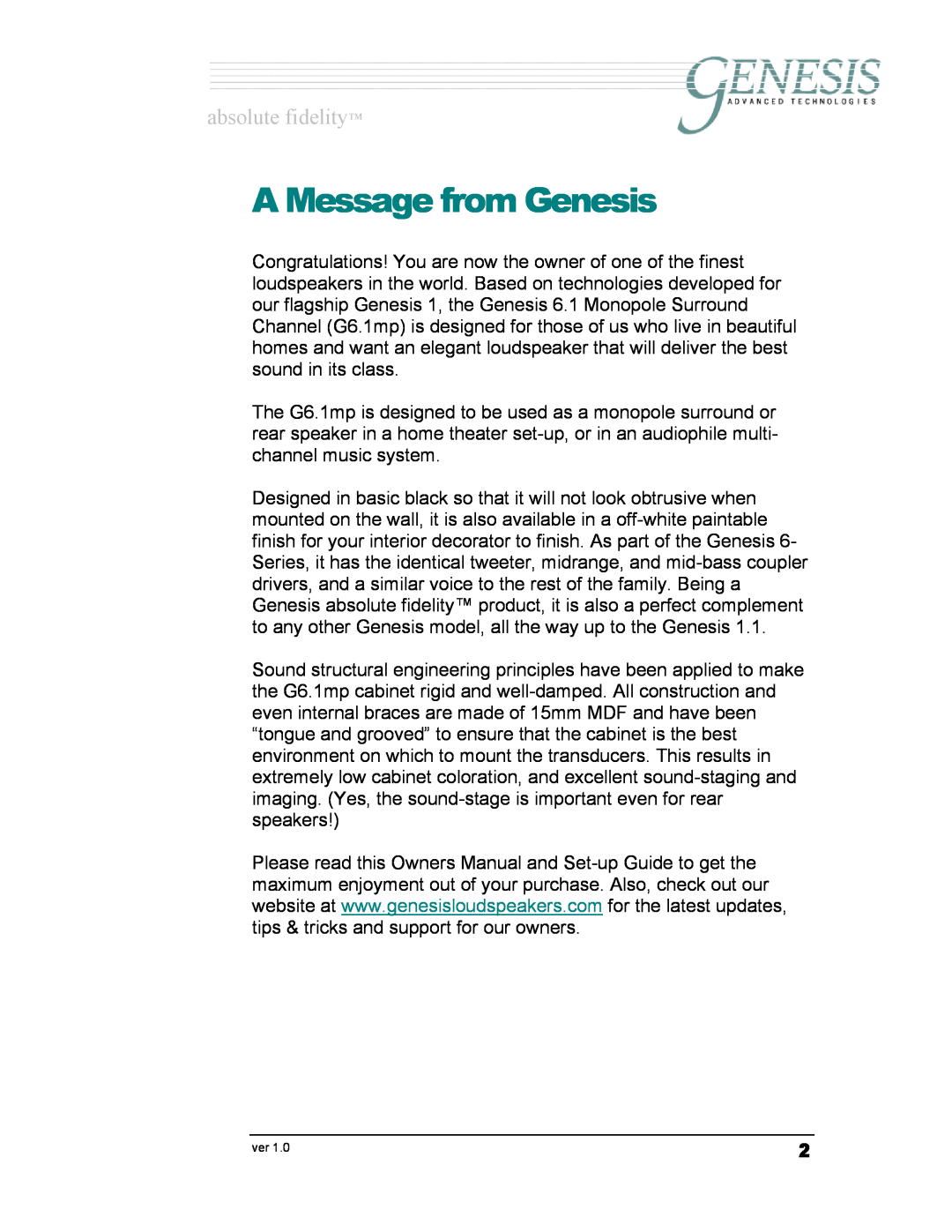 Genesis Advanced Technologies G6.1 owner manual A Message from Genesis, absolute fidelity 