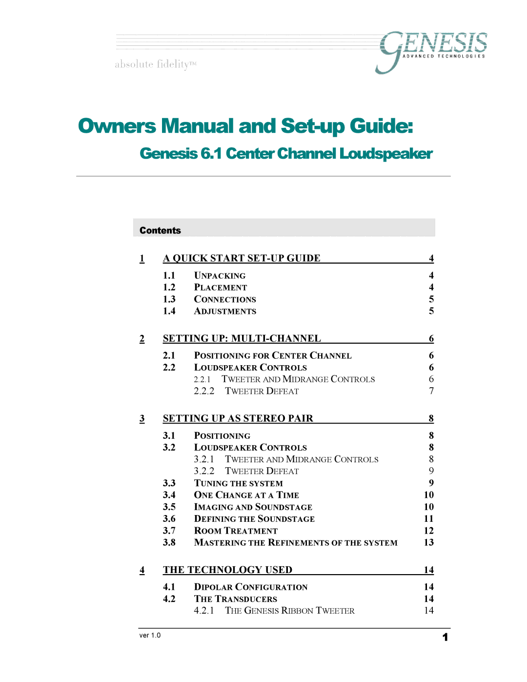 Genesis Advanced Technologies G6.1c owner manual Genesis 6.1 Center Channel Loudspeaker 