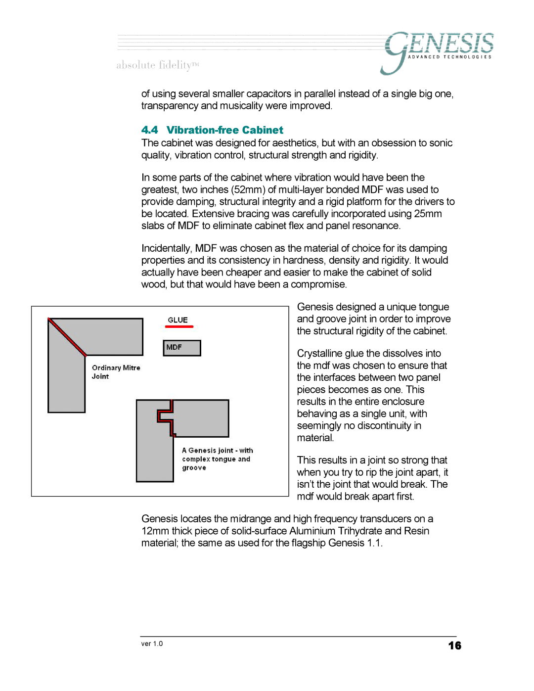 Genesis Advanced Technologies G6.1c owner manual Vibration-free Cabinet 