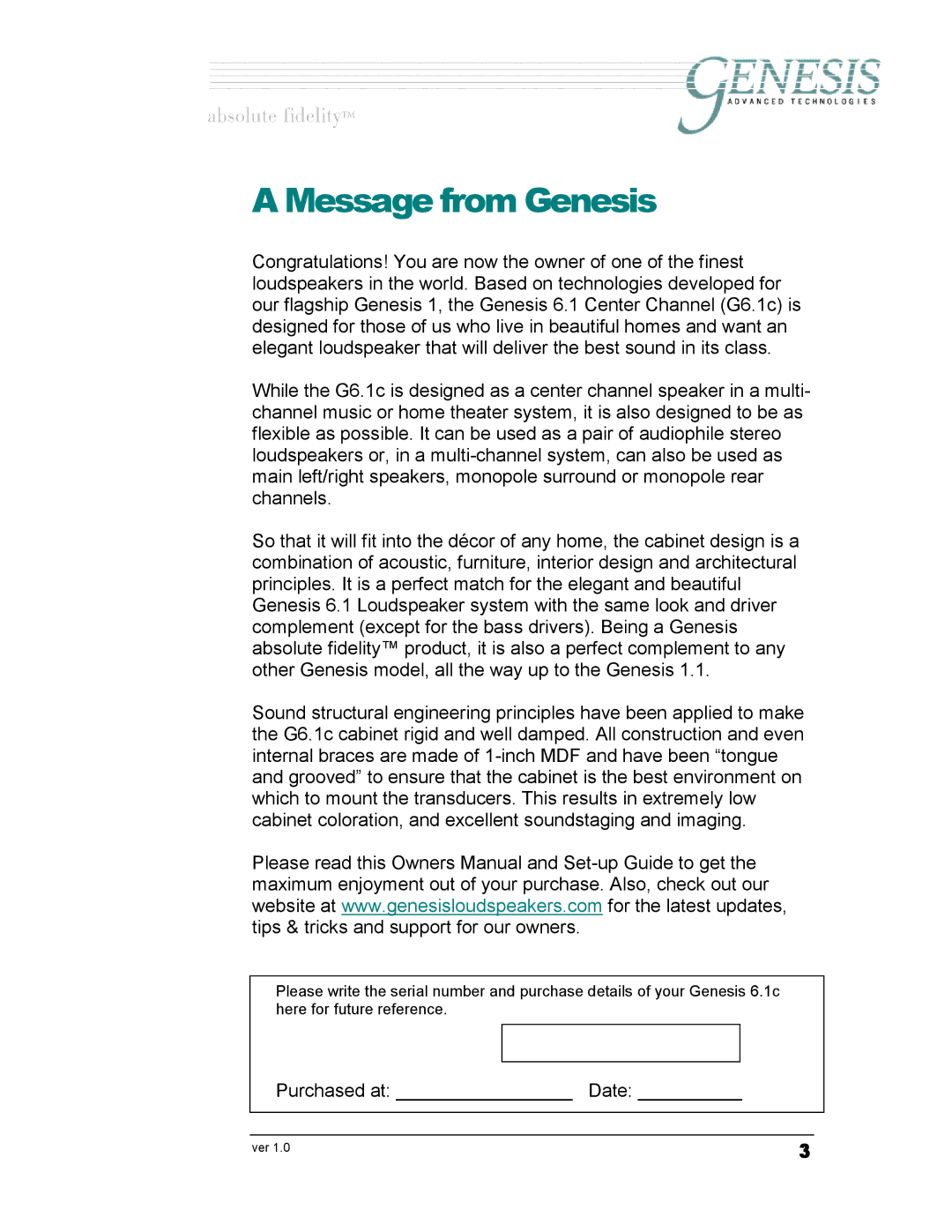 Genesis Advanced Technologies G6.1c owner manual Message from Genesis 