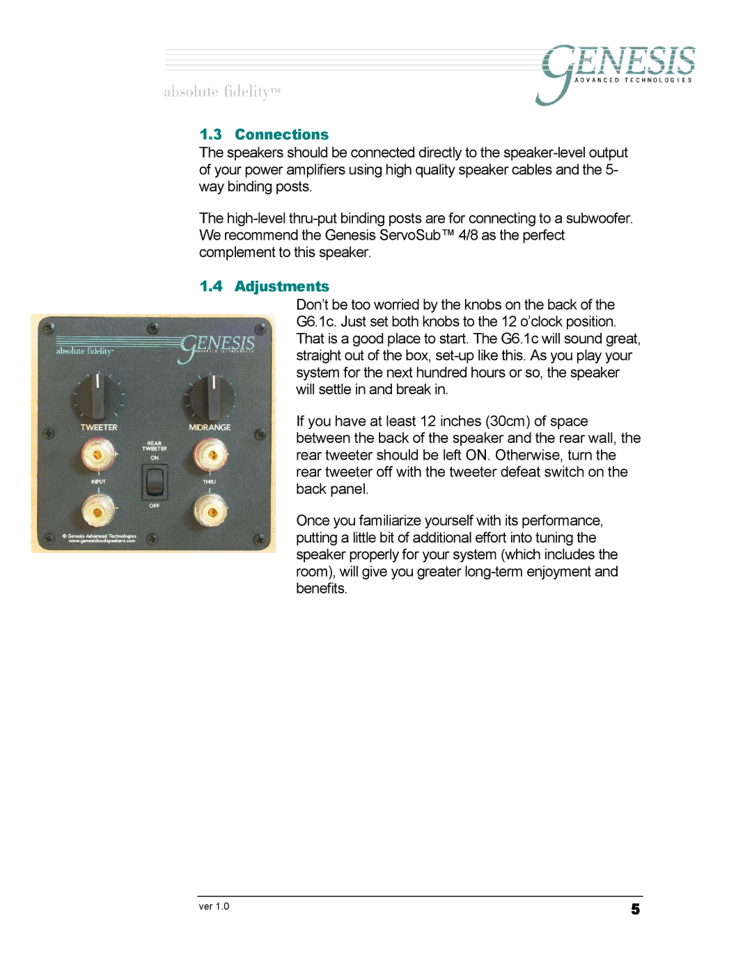 Genesis Advanced Technologies G6.1c owner manual Connections, Adjustments 