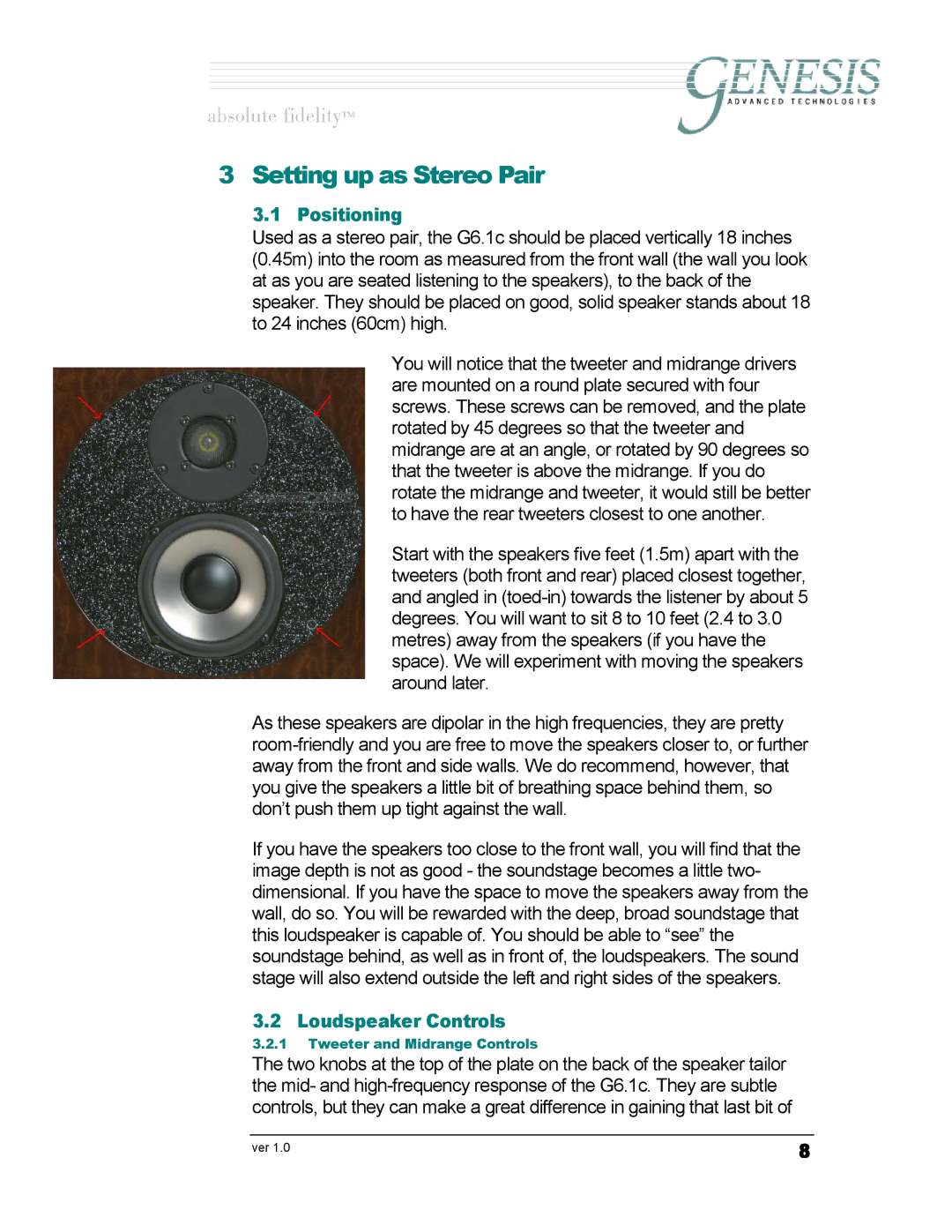 Genesis Advanced Technologies G6.1c owner manual Setting up as Stereo Pair, Positioning 