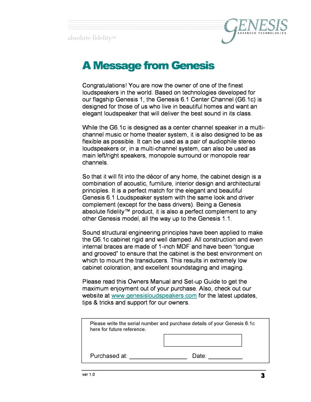 Genesis Advanced Technologies G6.1c owner manual A Message from Genesis, ~ÄëçäìíÉ=ÑáÇÉäáíó 