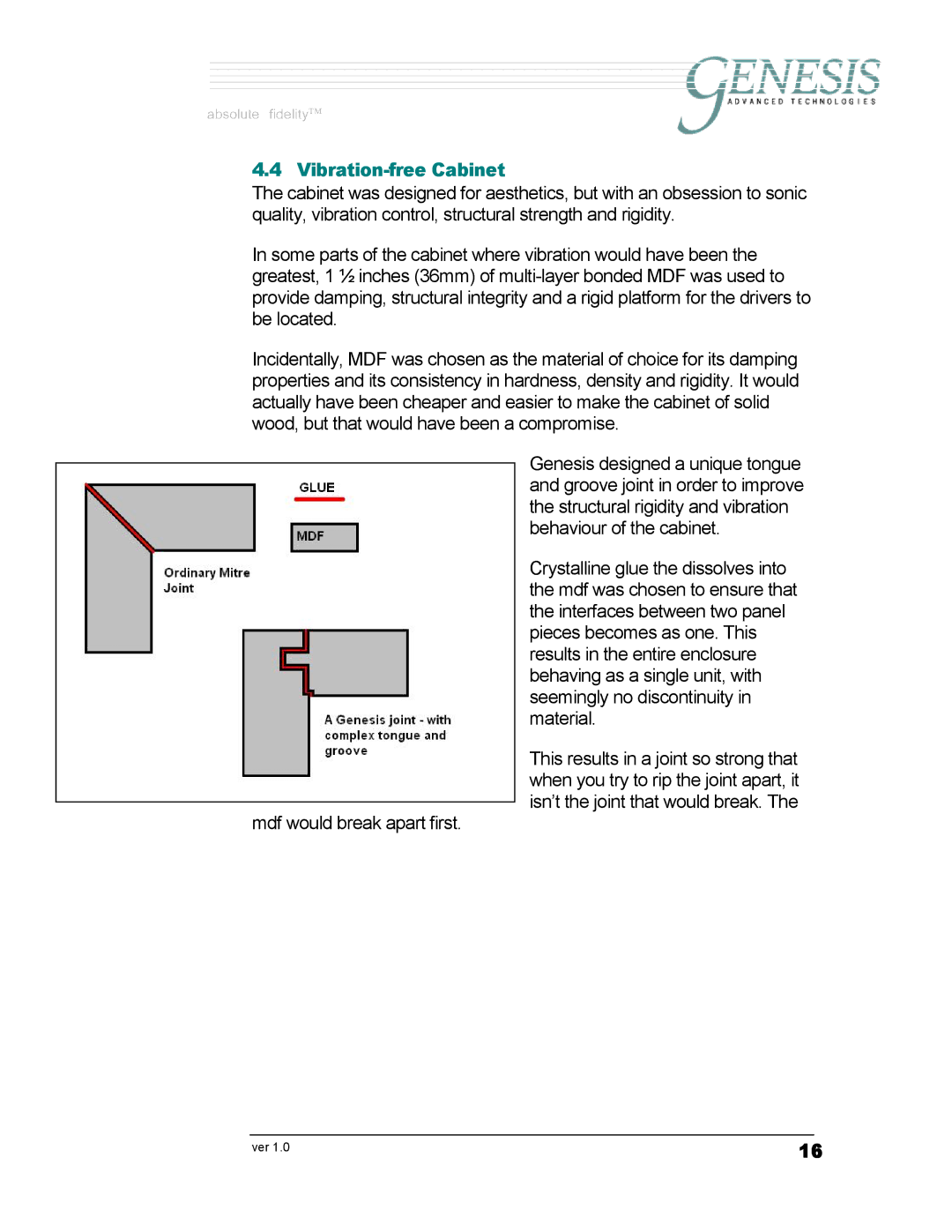 Genesis Advanced Technologies G7.1c owner manual Vibration-free Cabinet 