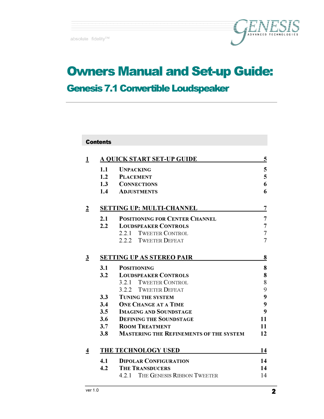 Genesis Advanced Technologies G7.1c owner manual Genesis7.1ConvertibleLoudspeaker 