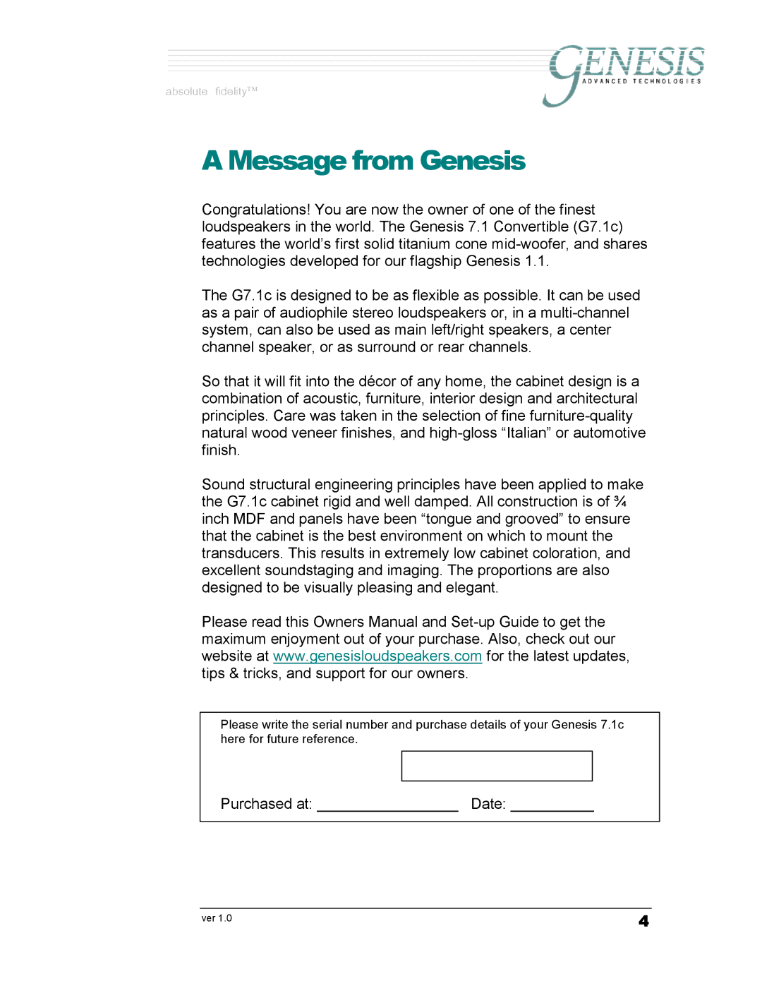 Genesis Advanced Technologies G7.1c owner manual Message from Genesis 