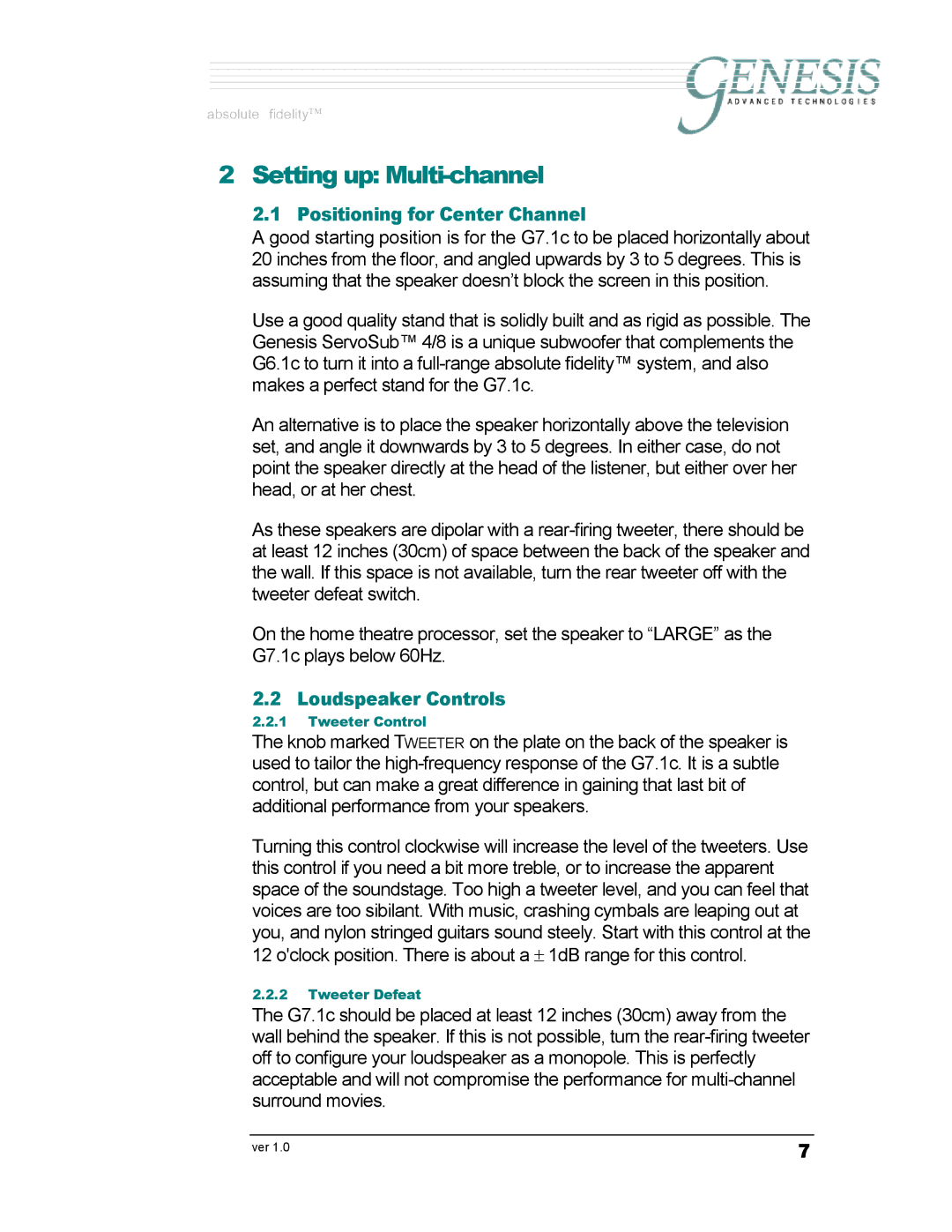 Genesis Advanced Technologies G7.1c Setting up Multi-channel, Positioning for Center Channel, Loudspeaker Controls 