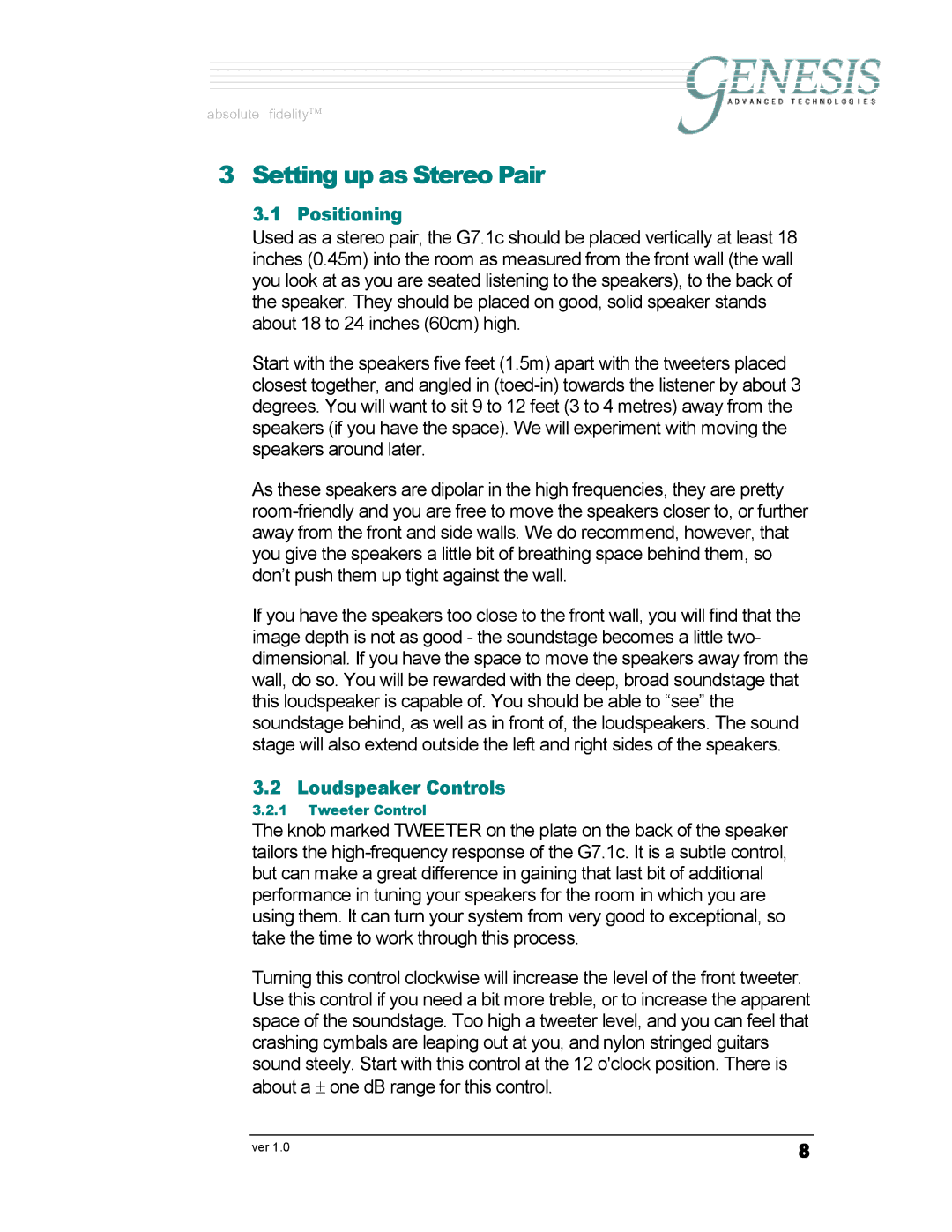 Genesis Advanced Technologies G7.1c owner manual Setting up as Stereo Pair, Positioning 