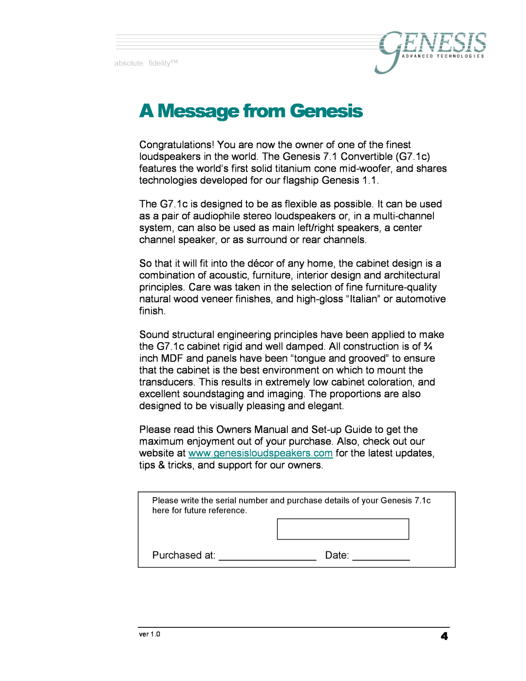 Genesis Advanced Technologies G7.1c owner manual A Message from Genesis, absolute fidelity 