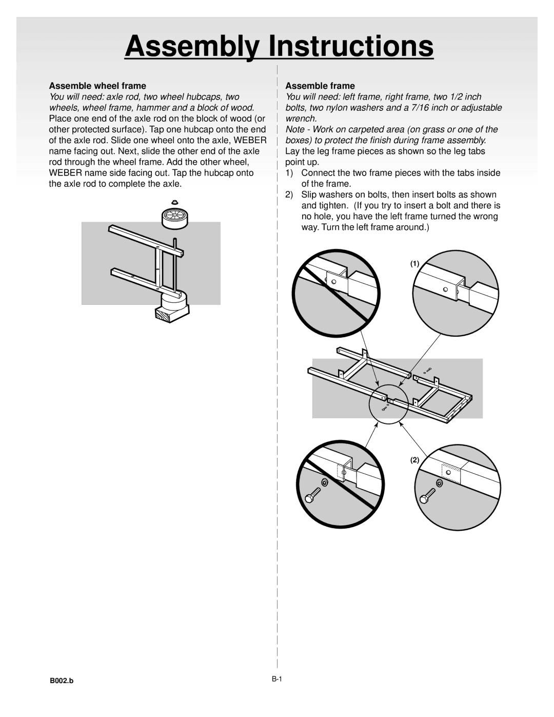 Genesis Advanced Technologies Gas Grill manual Assemble wheel frame, Assemble frame 