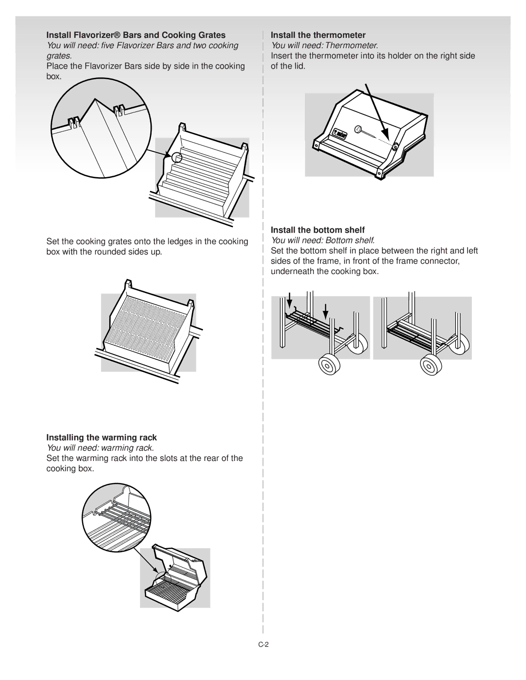 Genesis Advanced Technologies Gas Grill manual Install the bottom shelf, Installing the warming rack 