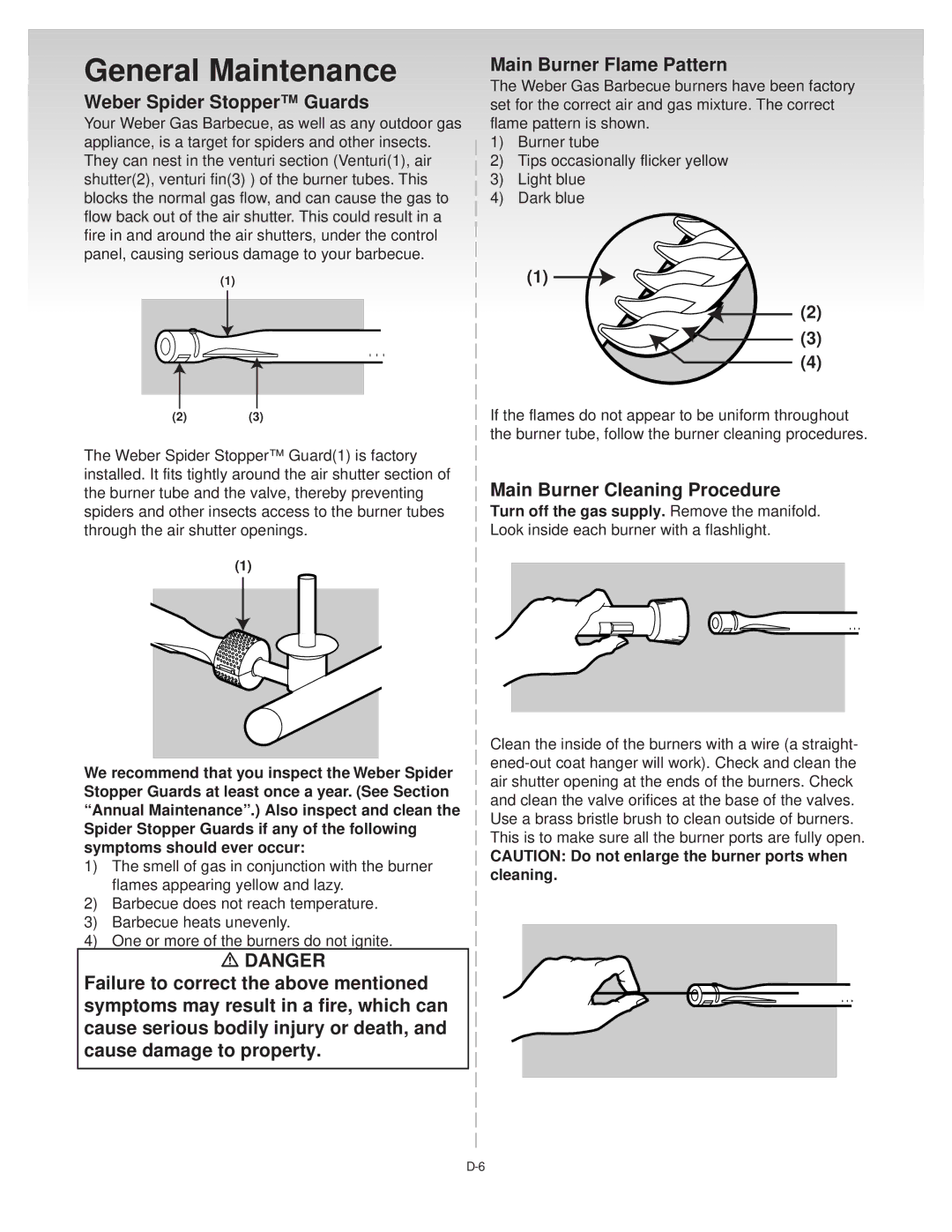 Genesis Advanced Technologies Gas Grill manual General Maintenance, Main Burner Flame Pattern, Weber Spider Stopper Guards 