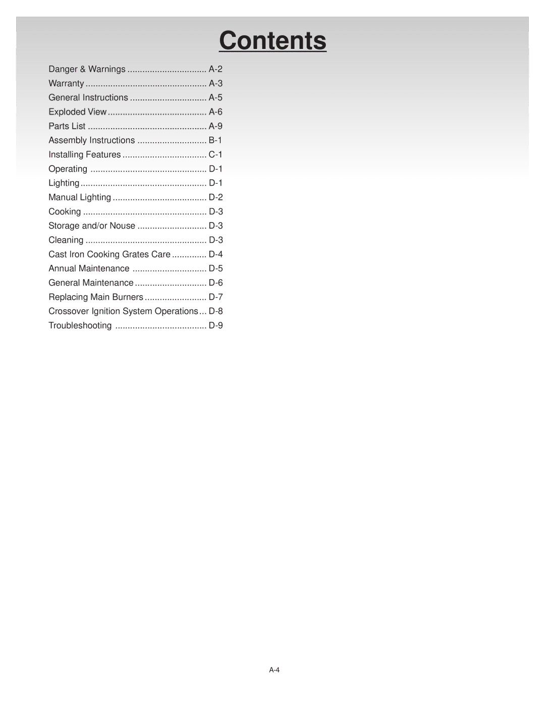 Genesis Advanced Technologies Gas Grill manual Contents 