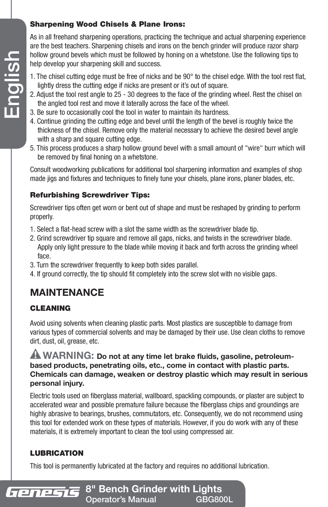 Genesis Advanced Technologies GBG800L Maintenance, Sharpening Wood Chisels & Plane Irons, Refurbishing Screwdriver Tips 