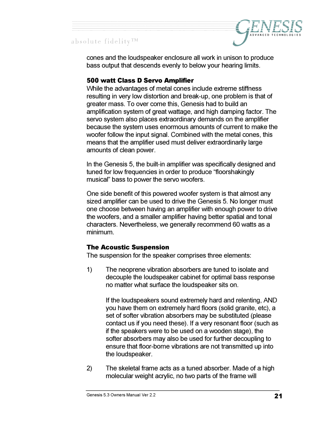 Genesis Advanced Technologies GENESIS 5.3 manual Watt Class D Servo Amplifier, Acoustic Suspension 