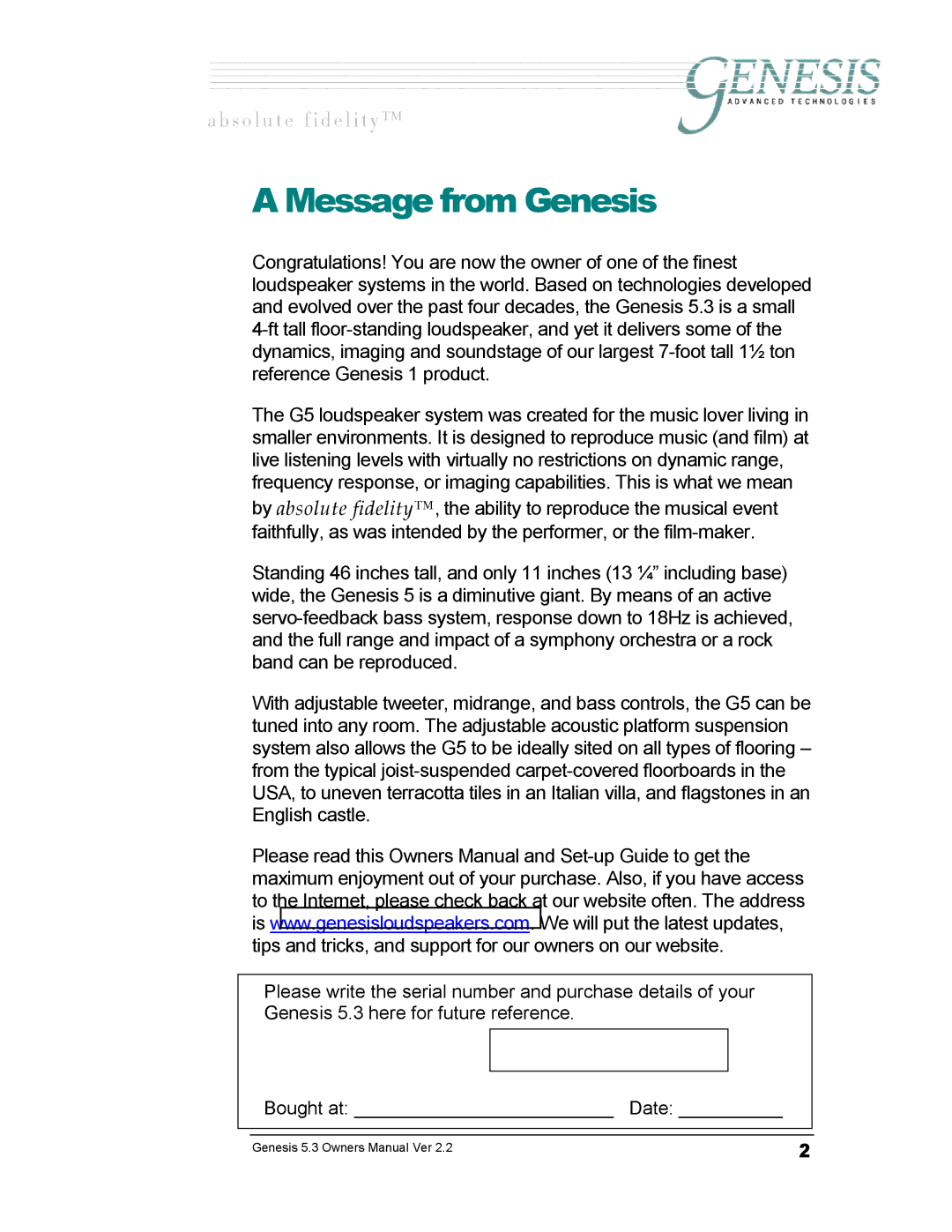 Genesis Advanced Technologies GENESIS 5.3 manual Message from Genesis 