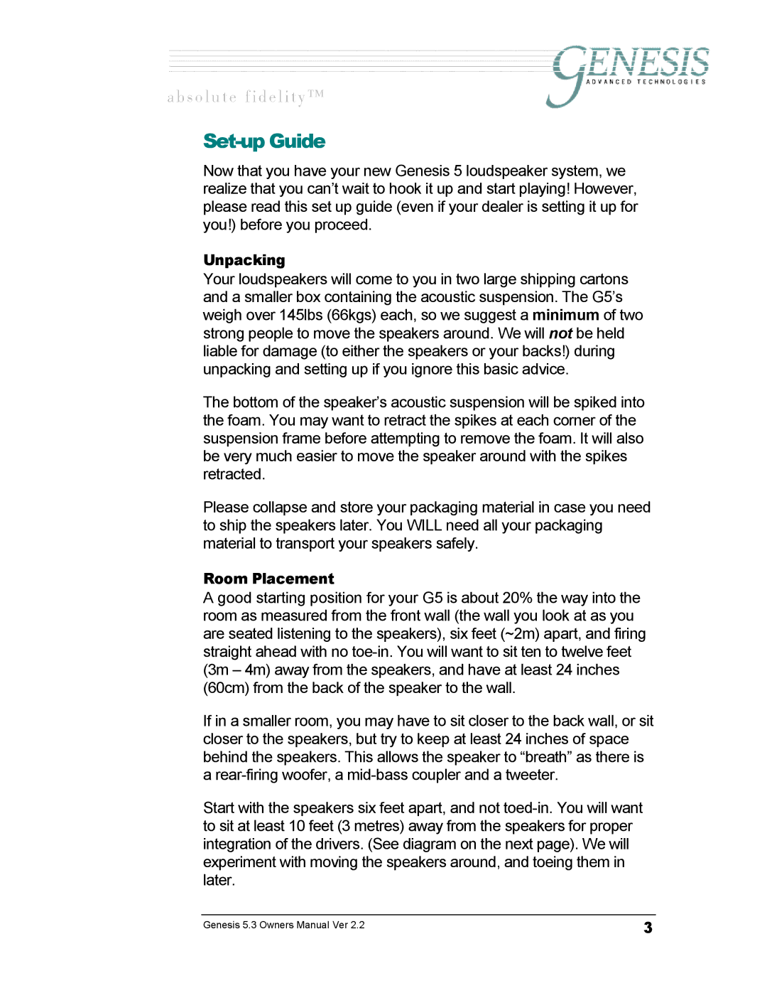 Genesis Advanced Technologies GENESIS 5.3 manual Set-up Guide, Unpacking, Room Placement 