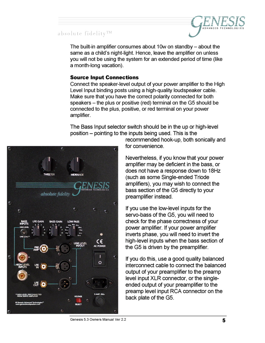 Genesis Advanced Technologies GENESIS 5.3 manual Source Input Connections 