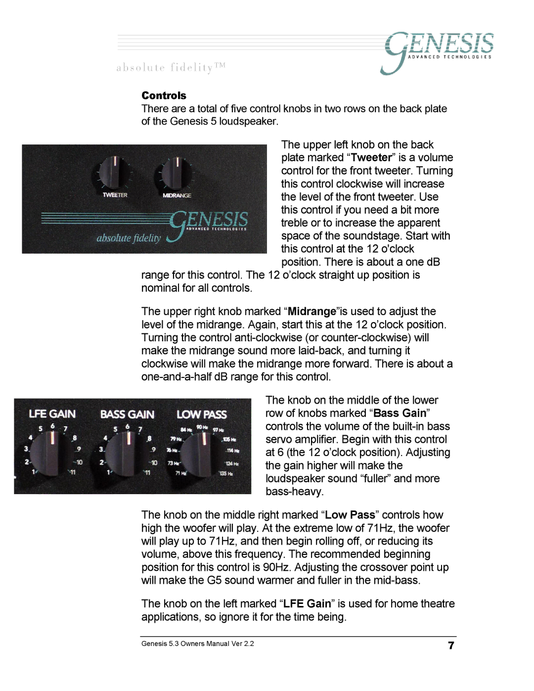 Genesis Advanced Technologies GENESIS 5.3 manual Controls 