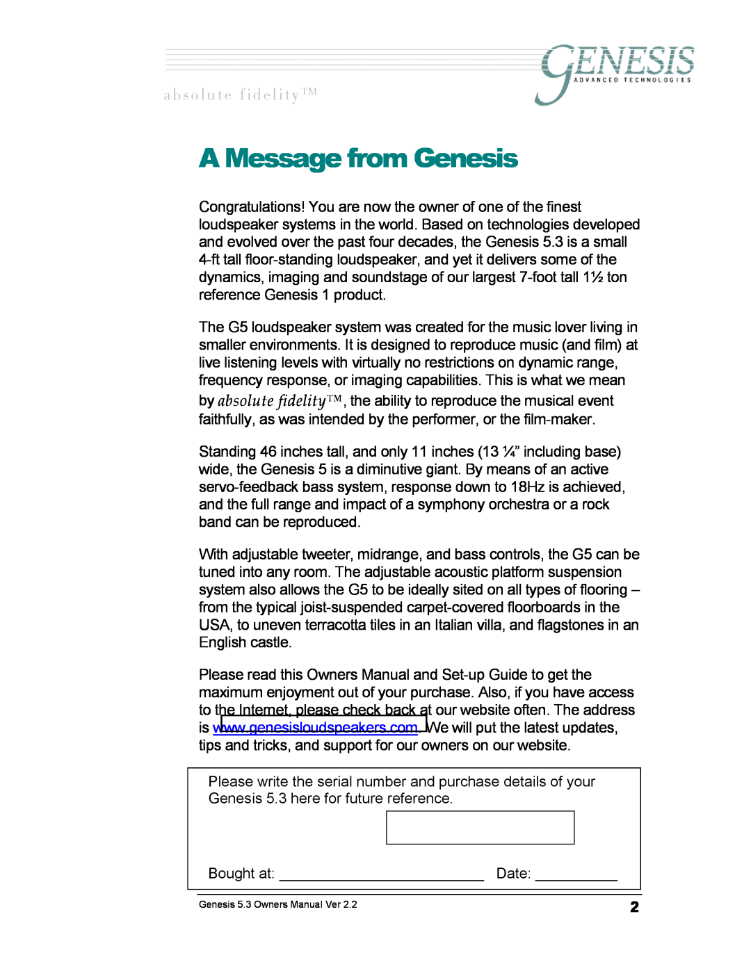 Genesis Advanced Technologies GENESIS 5.3 manual A Message from Genesis, ~ Ä ë ç ä ì í É = Ñ á Ç É ä á í ó 