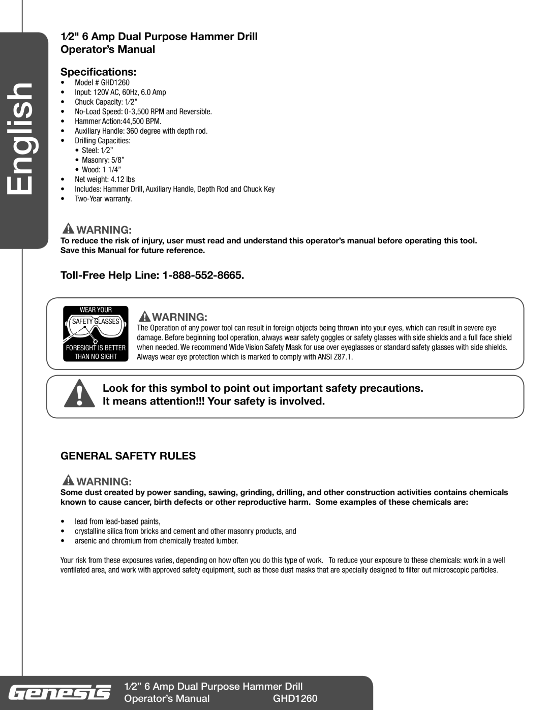 Genesis Advanced Technologies GHD1260 manuel dutilisation English, General Safety Rules 