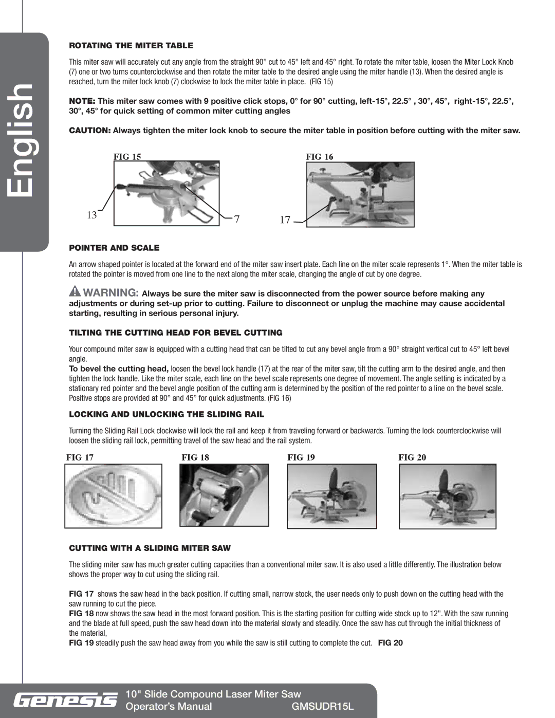 Genesis Advanced Technologies GMSUDR15L Rotating the Miter Table, Pointer and Scale, Cutting with a Sliding Miter SAW 