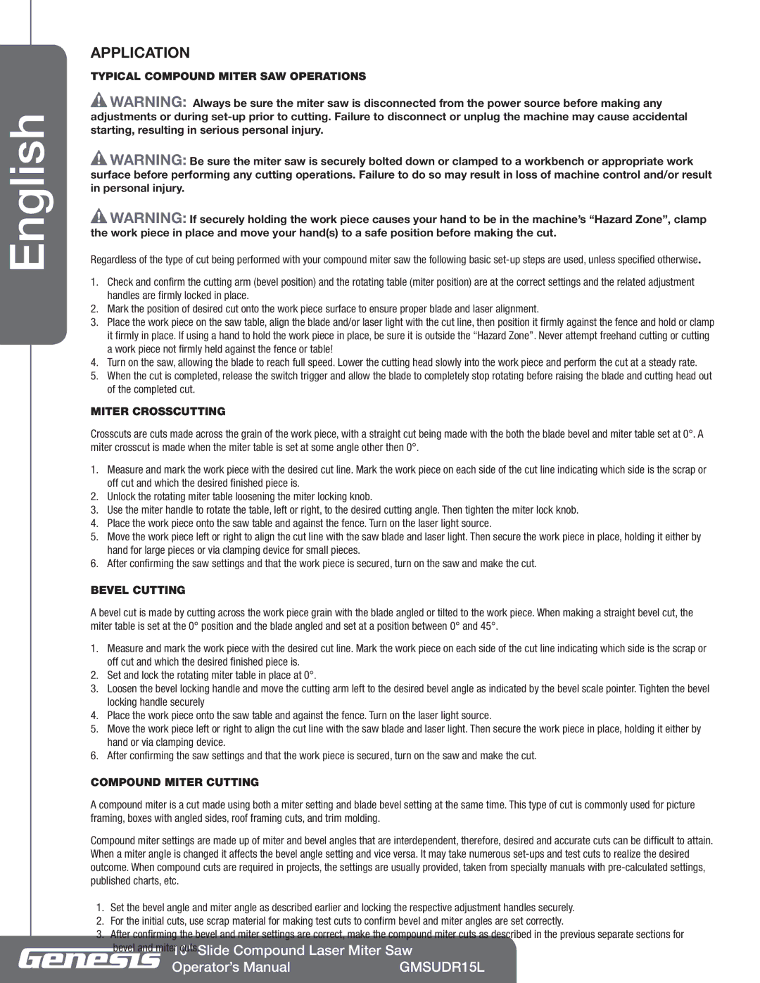 Genesis Advanced Technologies GMSUDR15L Application, Typical Compound Miter SAW Operations, Miter Crosscutting 