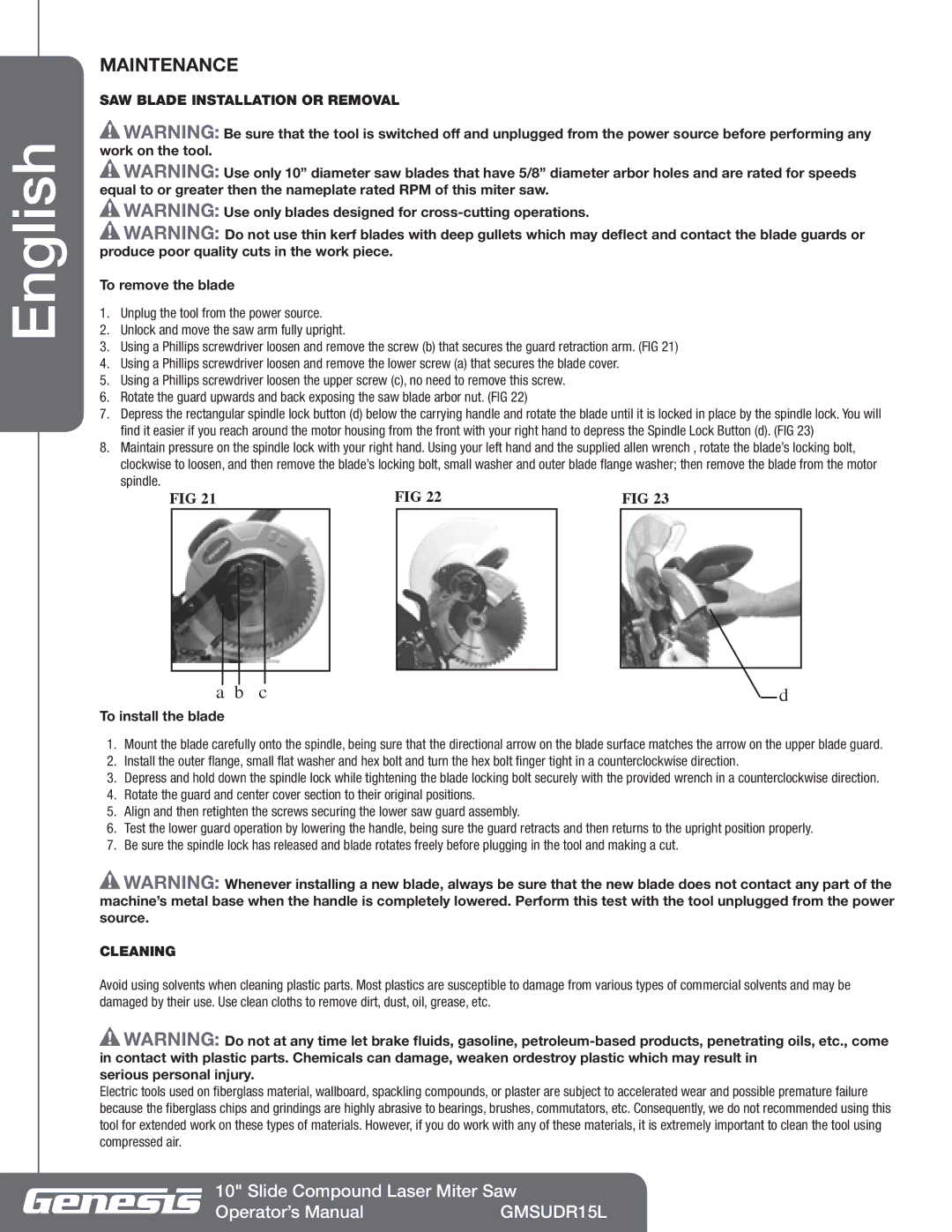 Genesis Advanced Technologies GMSUDR15L manuel dutilisation Maintenance, SAW Blade Installation or Removal, Cleaning 