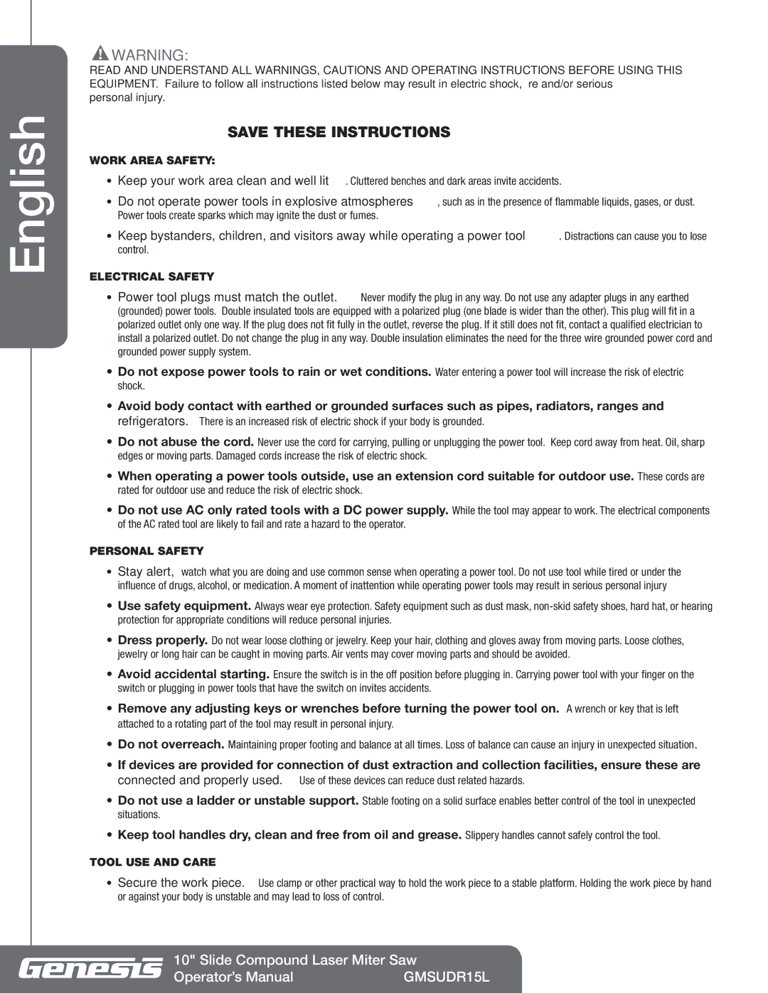 Genesis Advanced Technologies GMSUDR15L Work Area Safety, Electrical Safety, Personal Safety, Tool USE and Care 