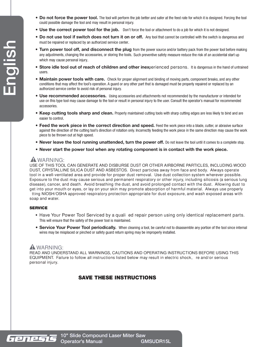 Genesis Advanced Technologies GMSUDR15L manuel dutilisation Service 