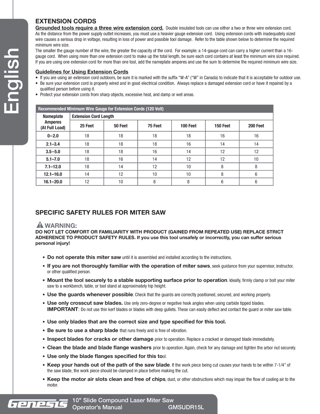 Genesis Advanced Technologies GMSUDR15L manuel dutilisation Extension Cords, Specific Safety Rules for Miter SAW 