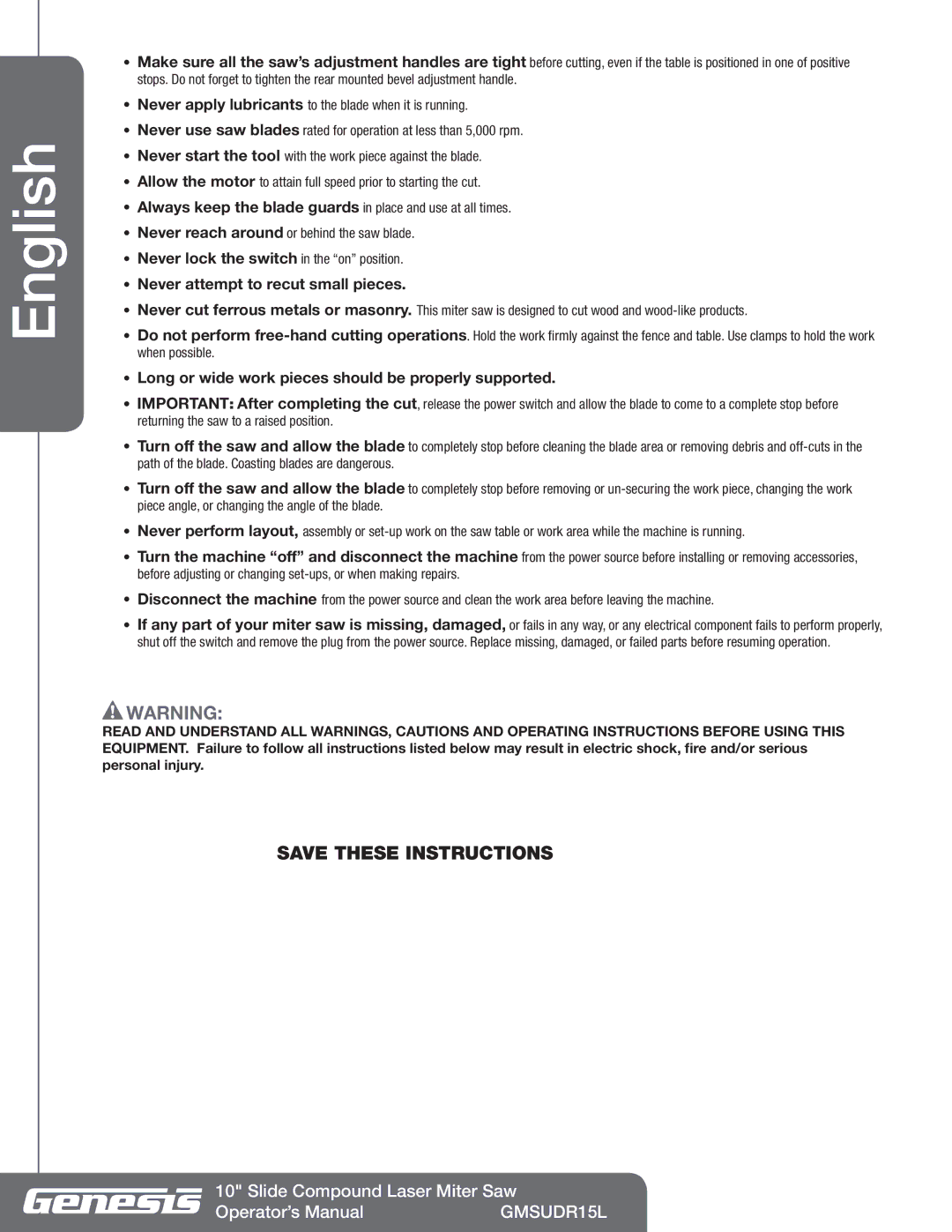 Genesis Advanced Technologies GMSUDR15L manuel dutilisation Long or wide work pieces should be properly supported 