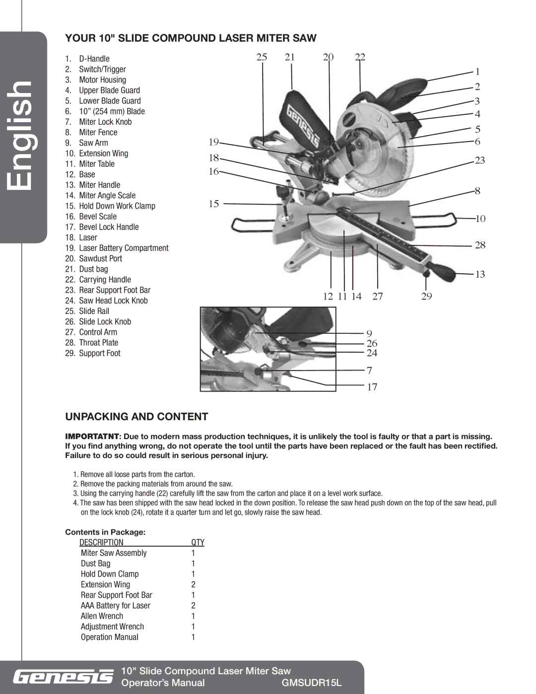 Genesis Advanced Technologies GMSUDR15L Your 10 Slide Compound Laser Miter SAW, Unpacking and Content, Contents in Package 