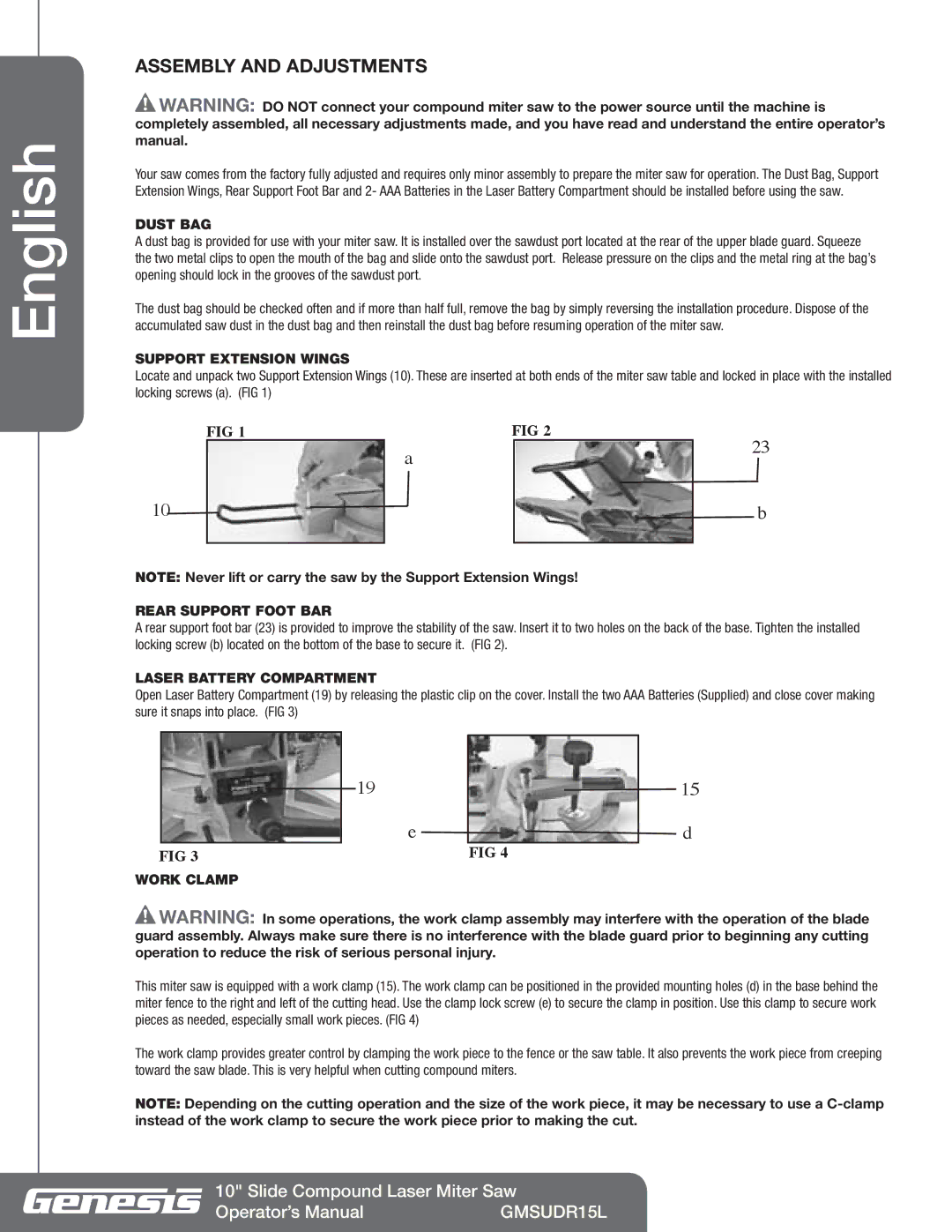 Genesis Advanced Technologies GMSUDR15L manuel dutilisation Assembly and Adjustments 