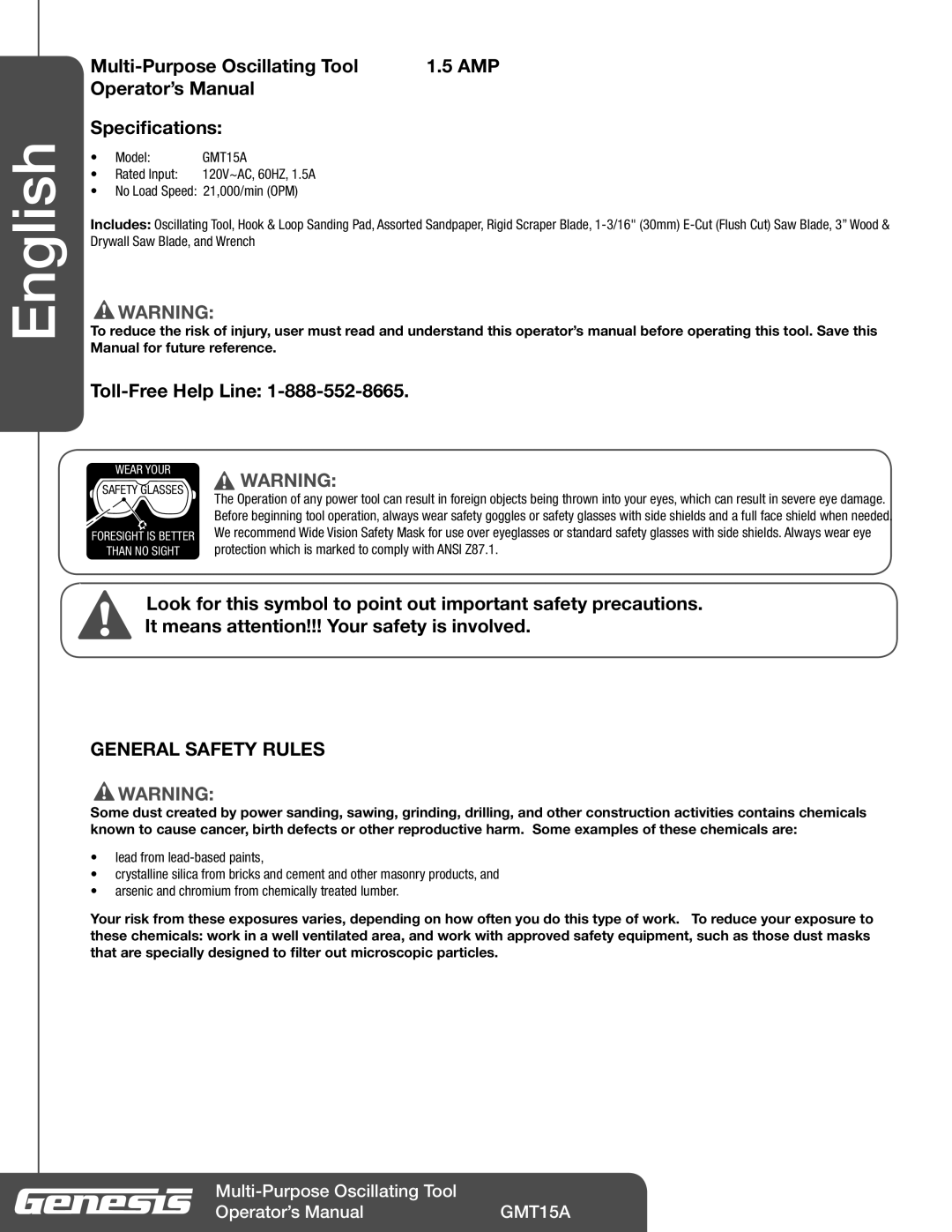 Genesis Advanced Technologies GMT15A manuel dutilisation English, General Safety Rules 