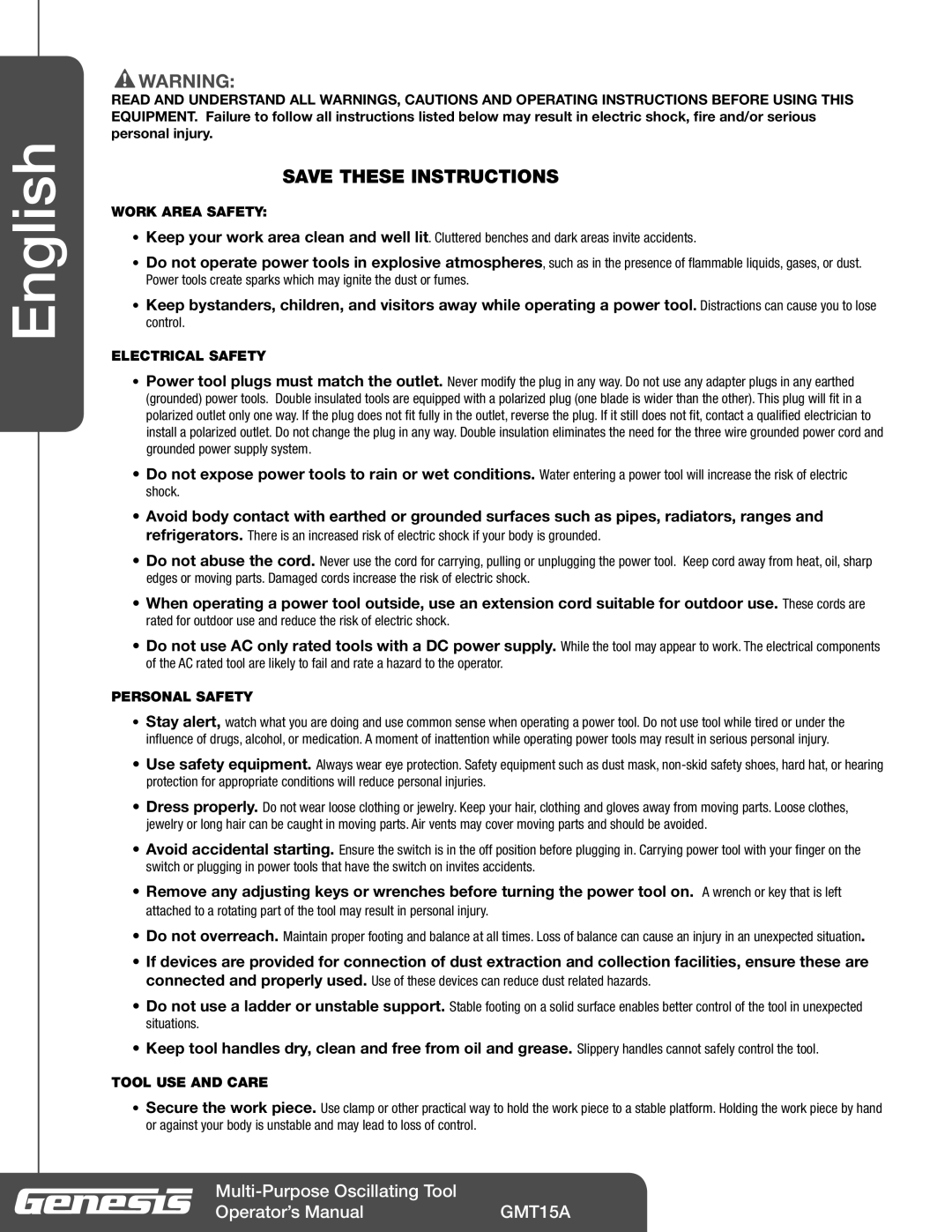 Genesis Advanced Technologies GMT15A Work Area Safety, Electrical Safety, Personal Safety, Tool USE and Care 