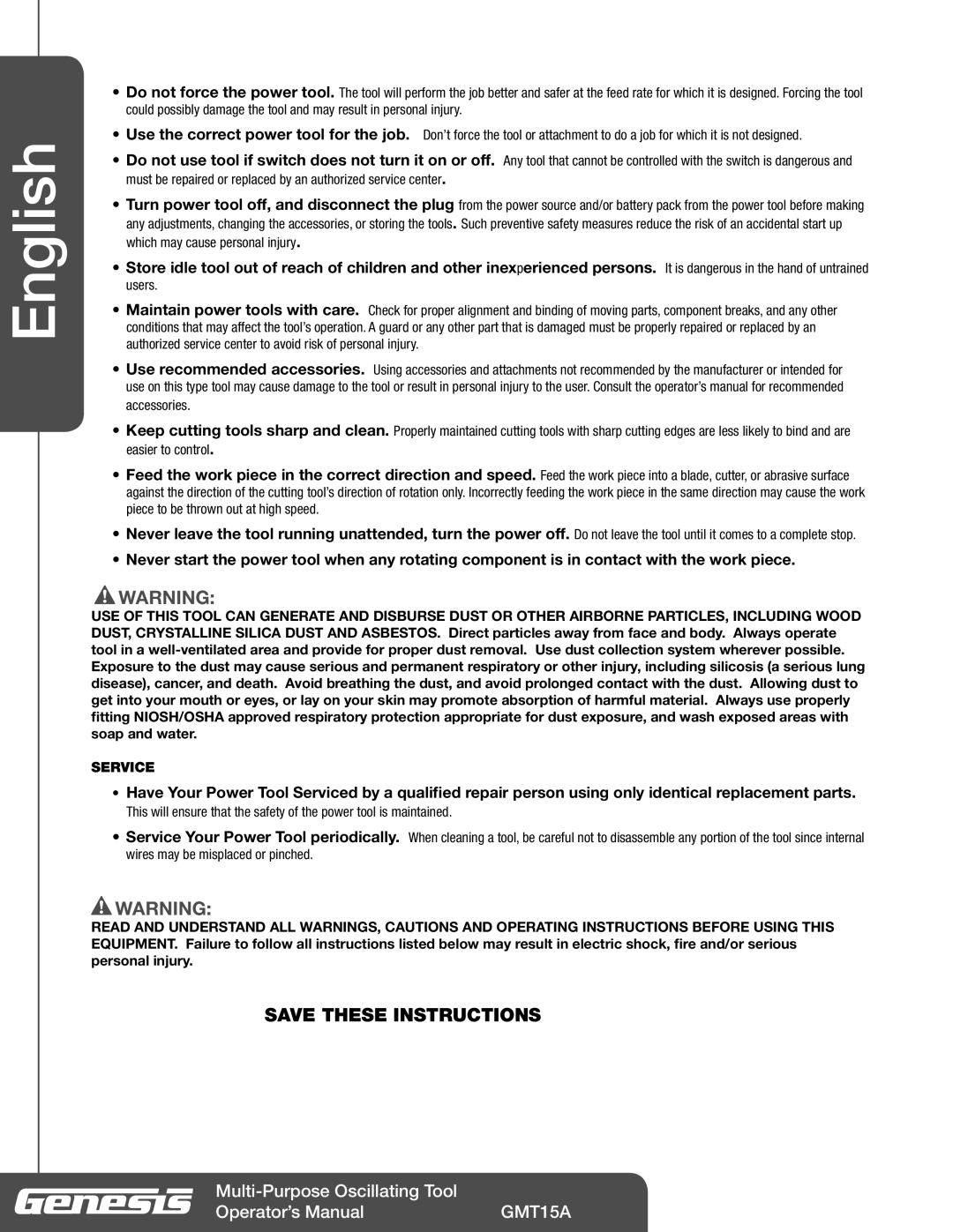 Genesis Advanced Technologies GMT15A manuel dutilisation Service 