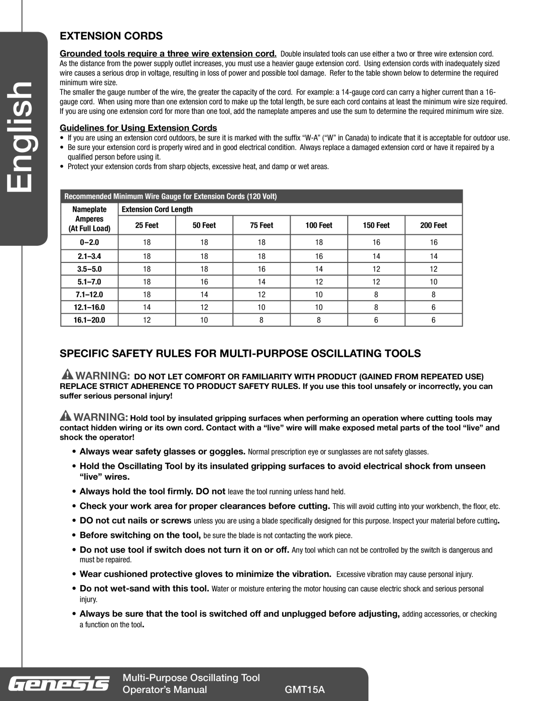 Genesis Advanced Technologies GMT15A Extension Cords, Specific Safety Rules for MULTI-PURPOSE Oscillating Tools 