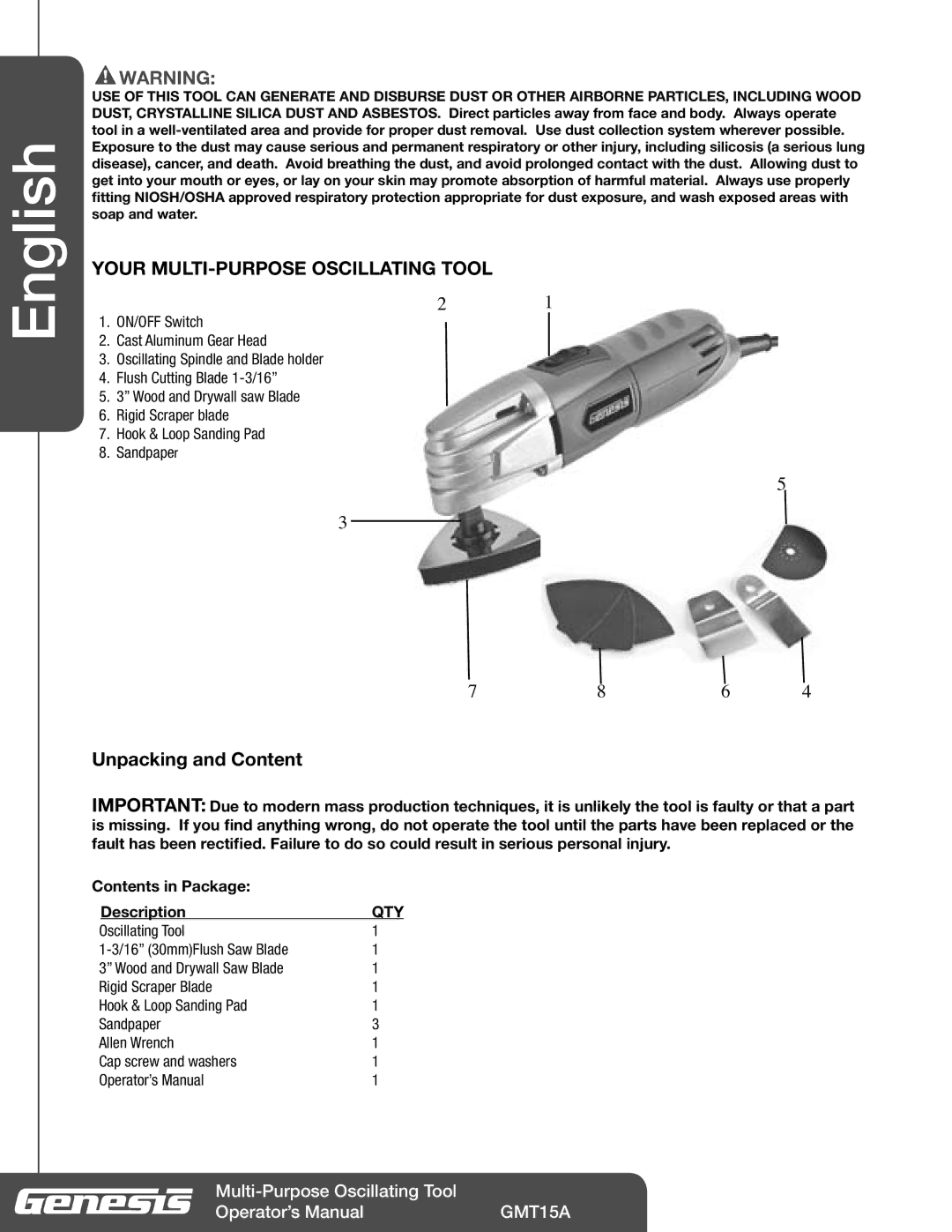 Genesis Advanced Technologies GMT15A manuel dutilisation Your MULTI-PURPOSE Oscillating Tool, Unpacking and Content 