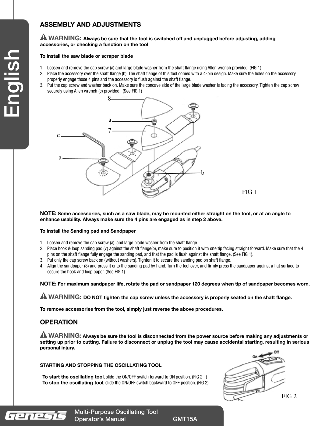 Genesis Advanced Technologies GMT15A Assembly and Adjustments, Operation, To install the saw blade or scraper blade 